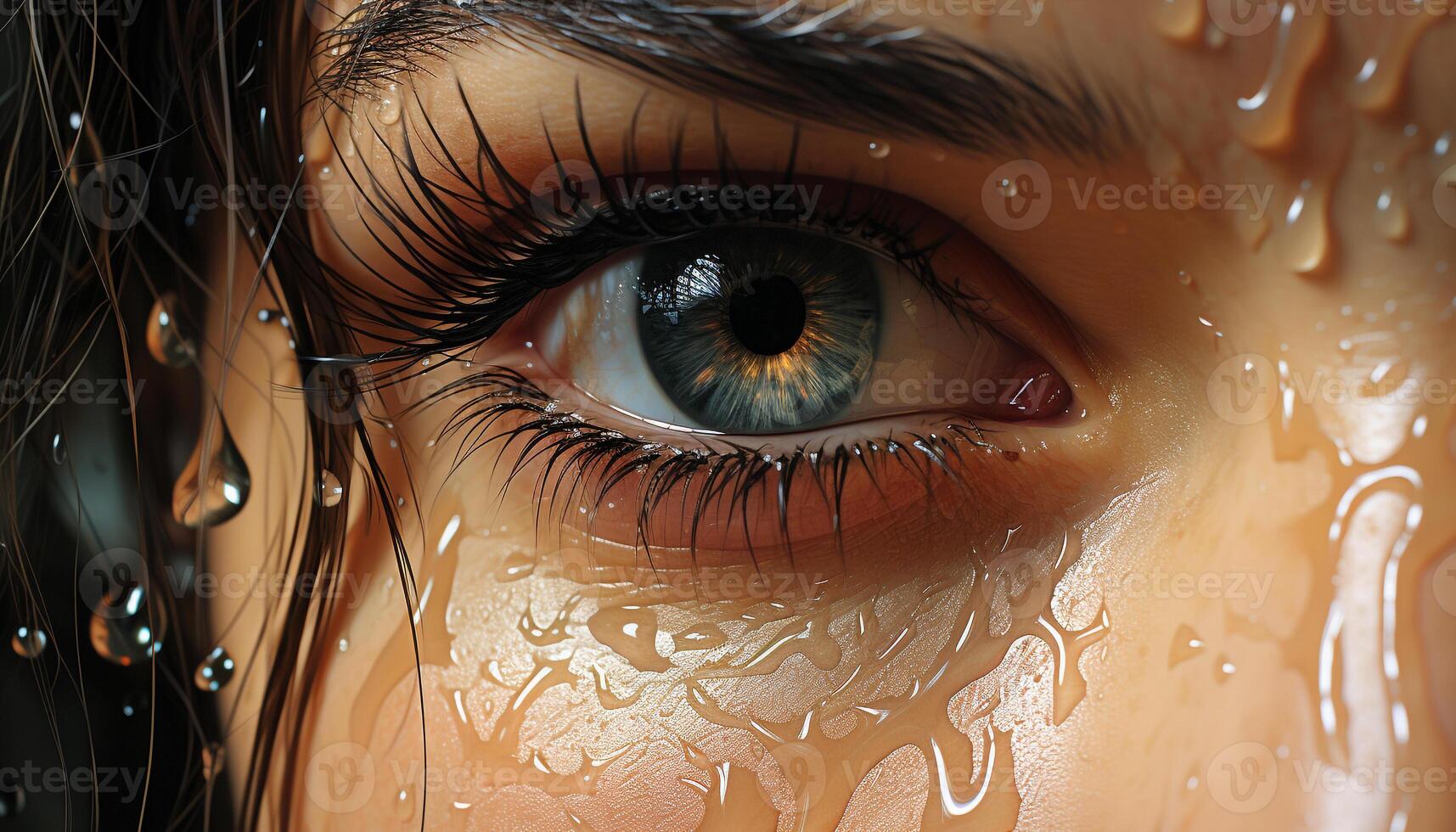 AI generated Young woman wet eye reflects nature abstract beauty generated by AI photo