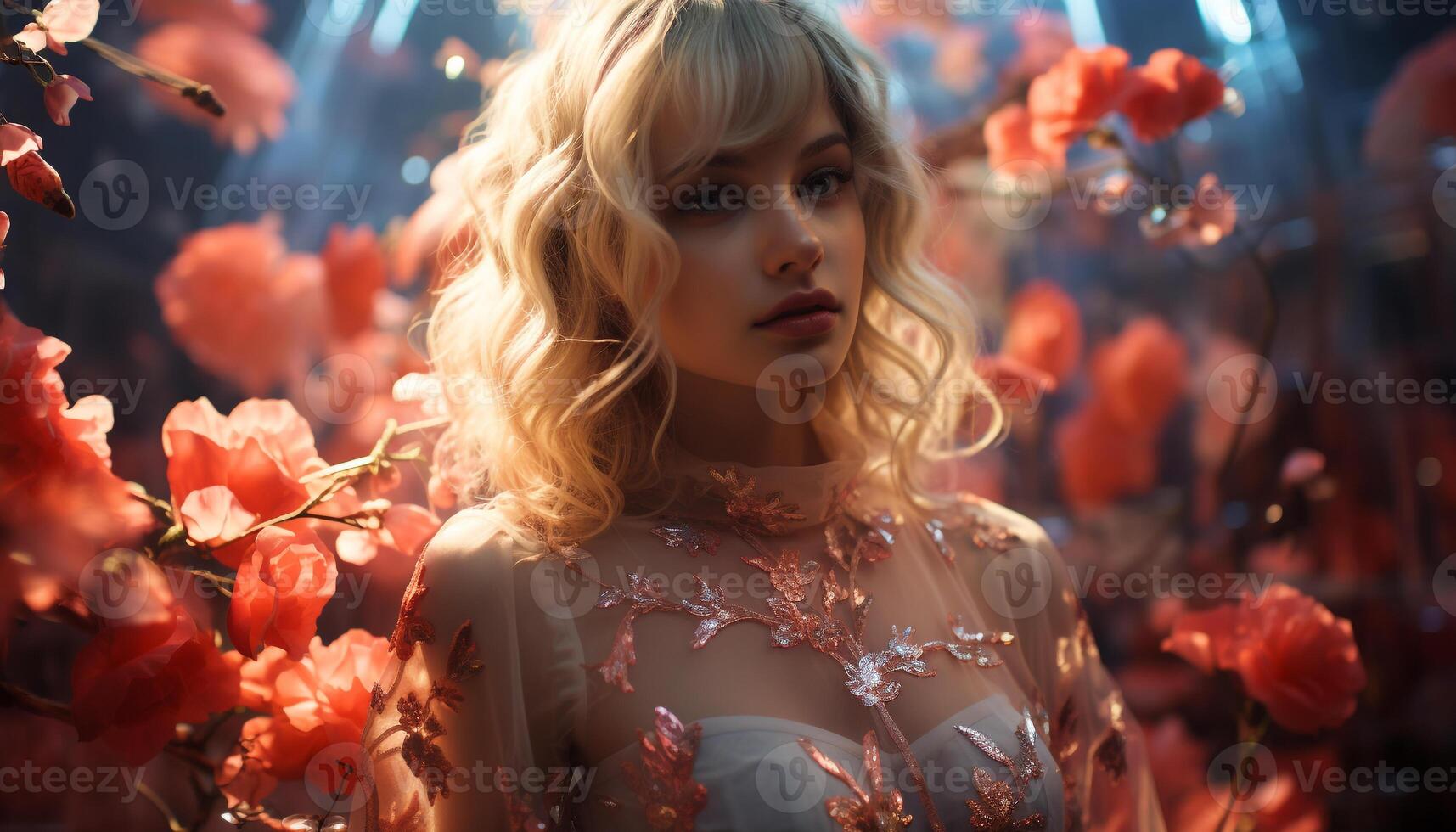 AI generated A beautiful young woman, smiling, surrounded by nature summer beauty generated by AI photo