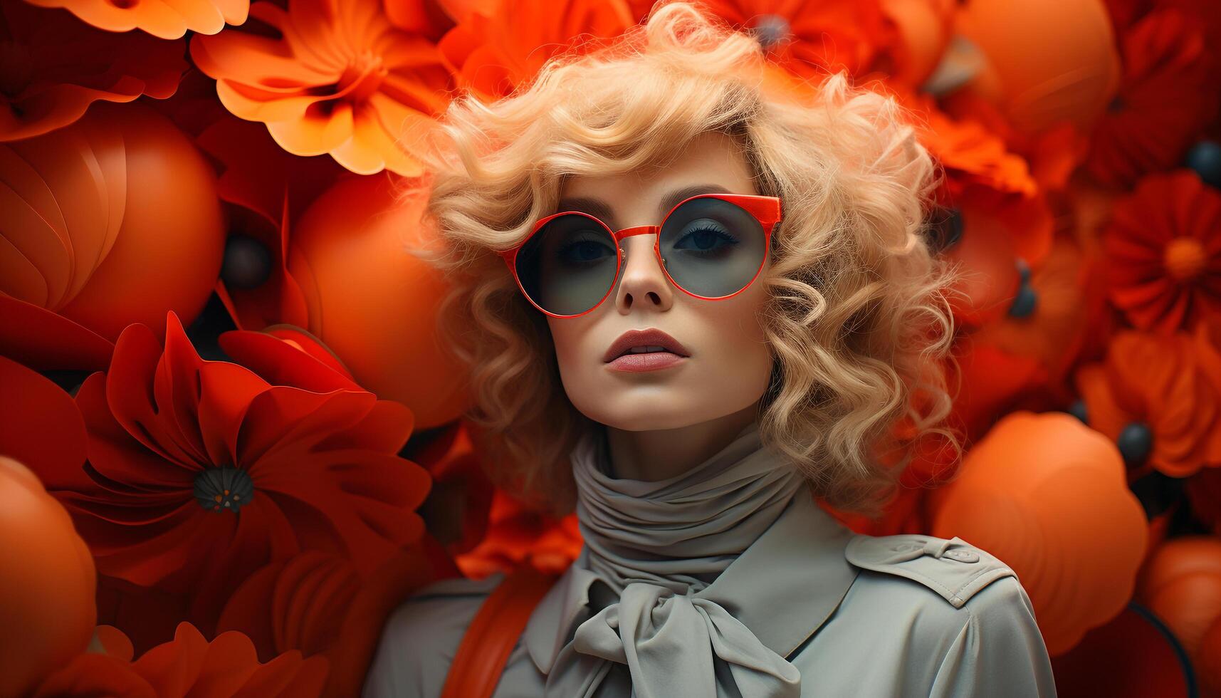 AI generated A cute blond woman in sunglasses, looking at camera, outdoors generated by AI photo