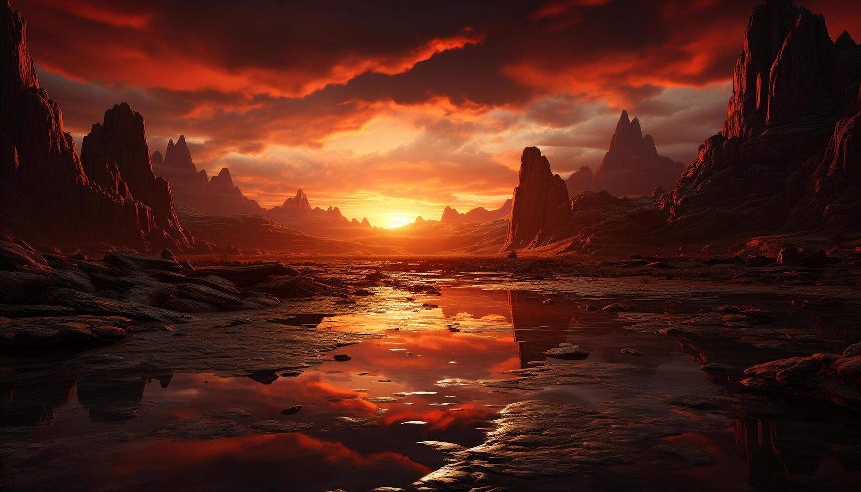 AI generated Majestic mountain peak reflects tranquil sunset on rocky coastline generated by AI photo