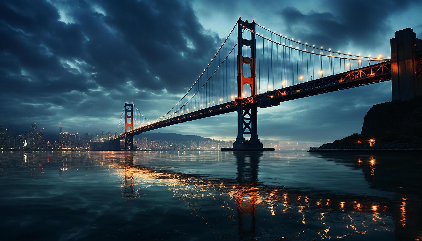 ai generado famoso puente refleja ciudad horizonte en tranquilo frente al mar oscuridad generado por ai foto