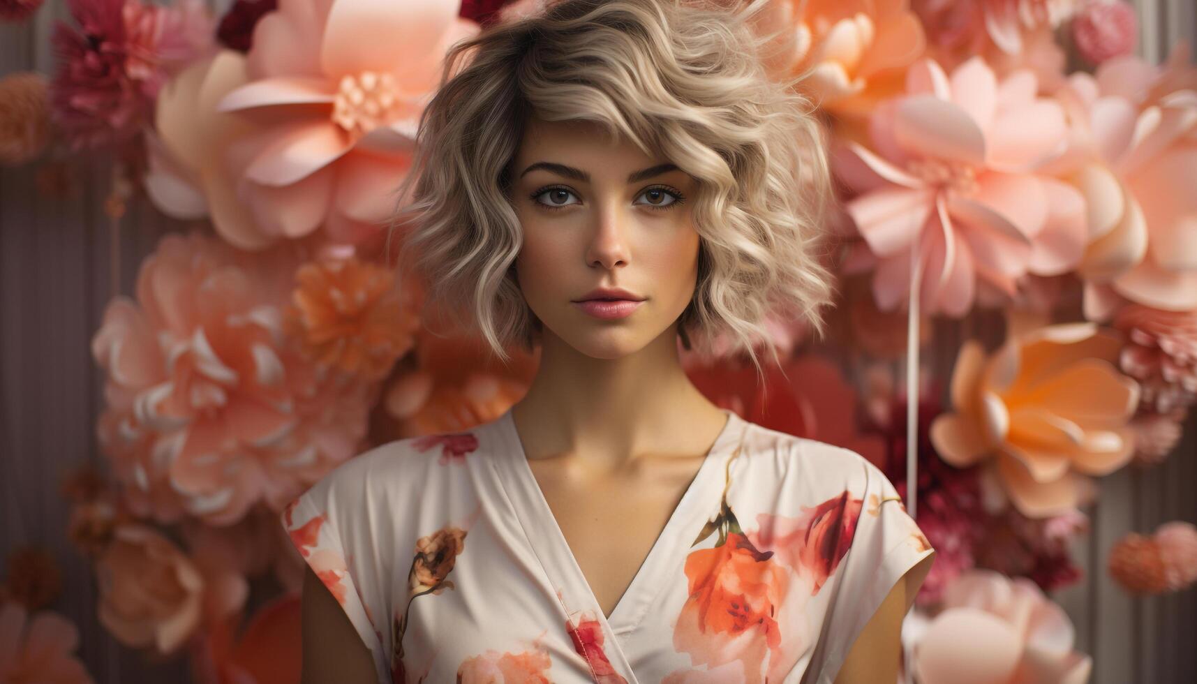 AI generated Beautiful woman with long blond hair and elegant dress, smiling generated by AI photo