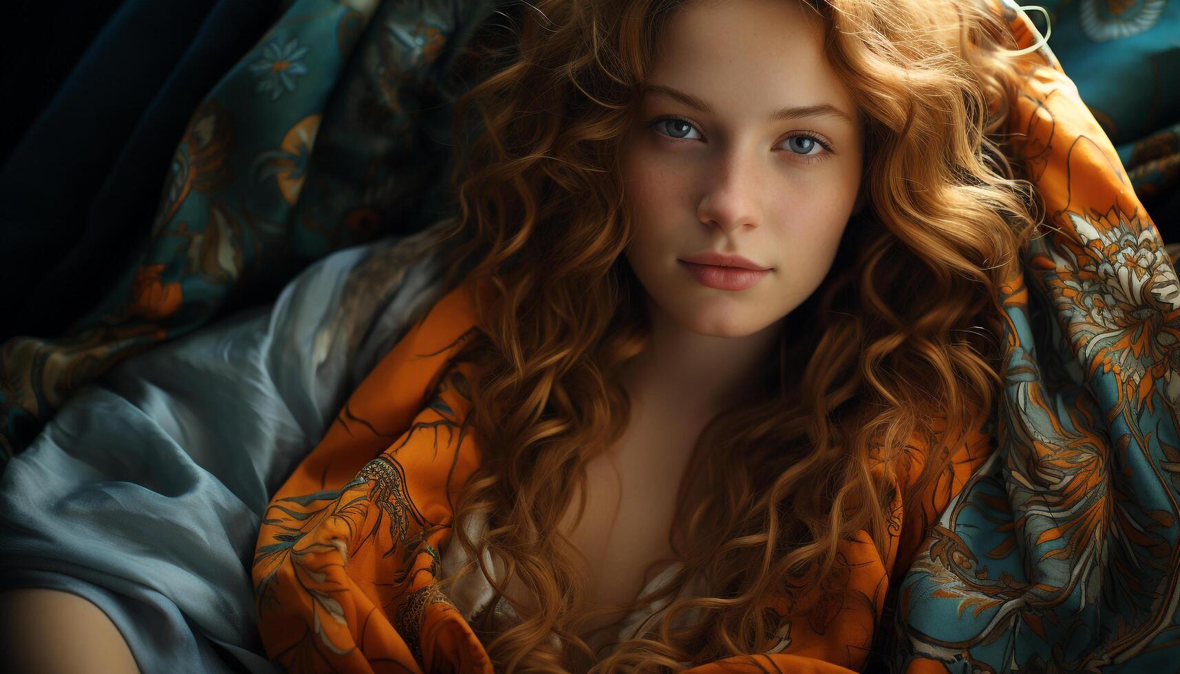 AI generated A beautiful young woman with long blond hair, sitting outdoors, smiling generated by AI photo
