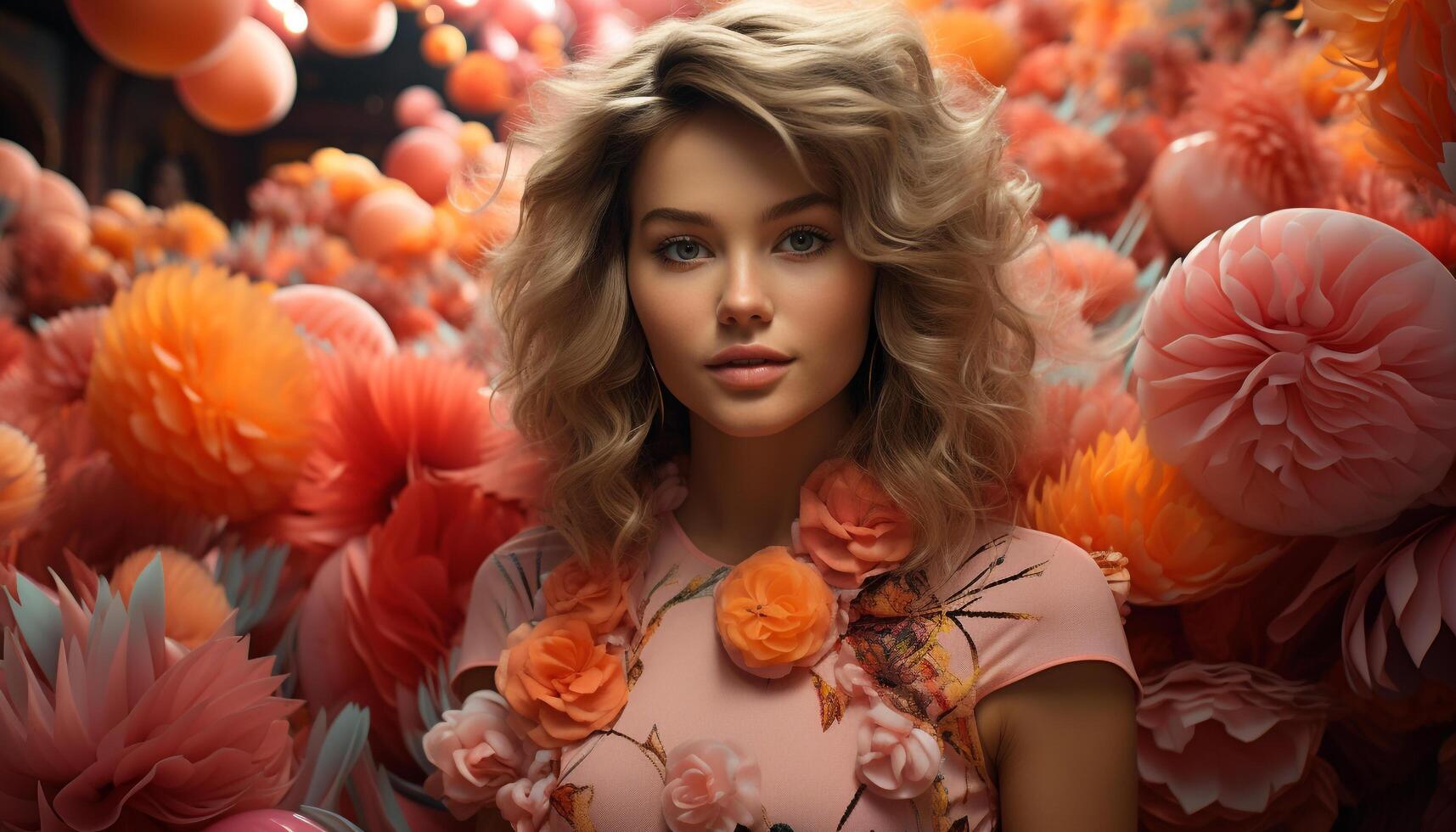 AI generated A beautiful young woman with blond hair and a cute hairstyle, looking at the camera with a smiling face, surrounded by nature and flowers, exuding sensuality and elegance generated by AI photo