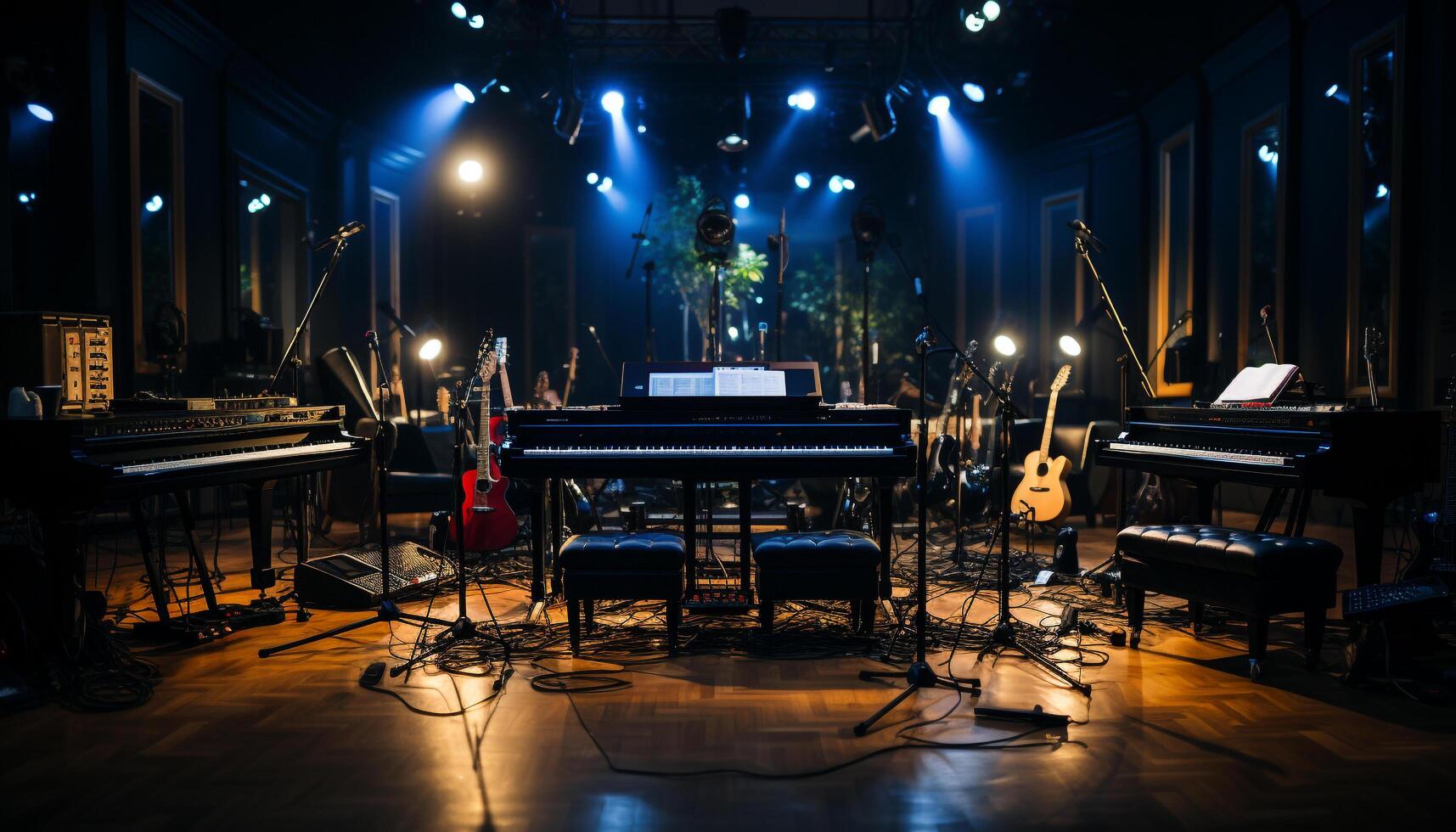 AI generated Musician performing on stage with piano, guitar, and microphone generated by AI photo