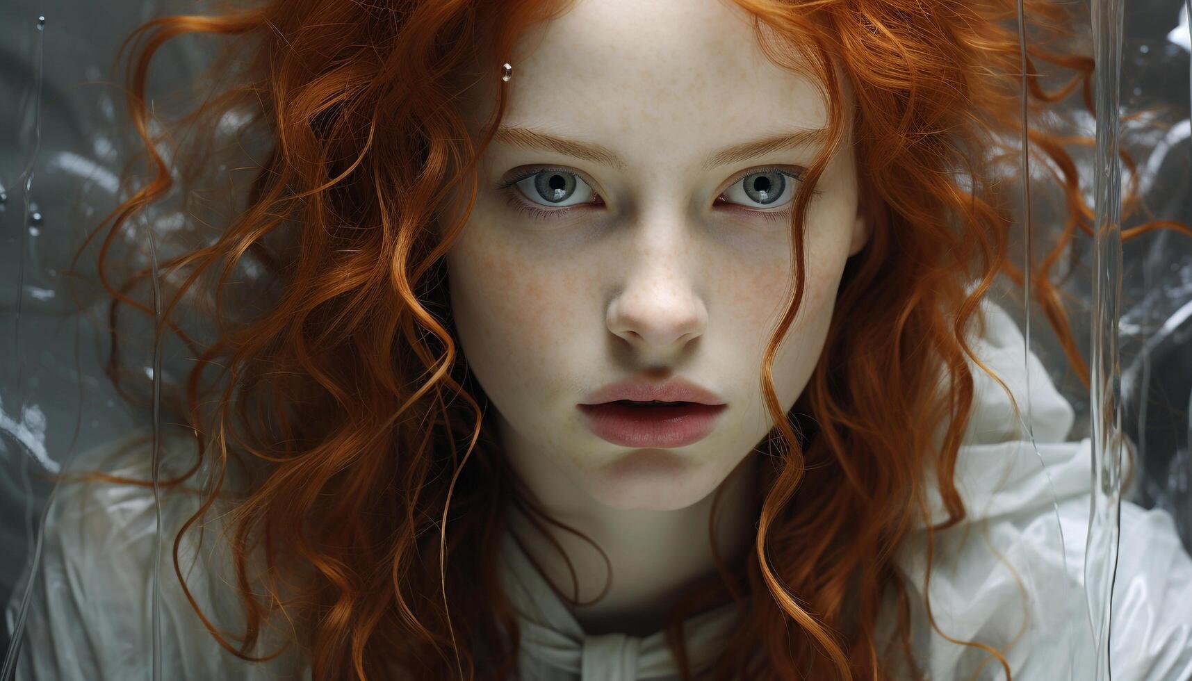 AI generated A beautiful redhead woman, looking at camera, with curly hair generated by AI photo