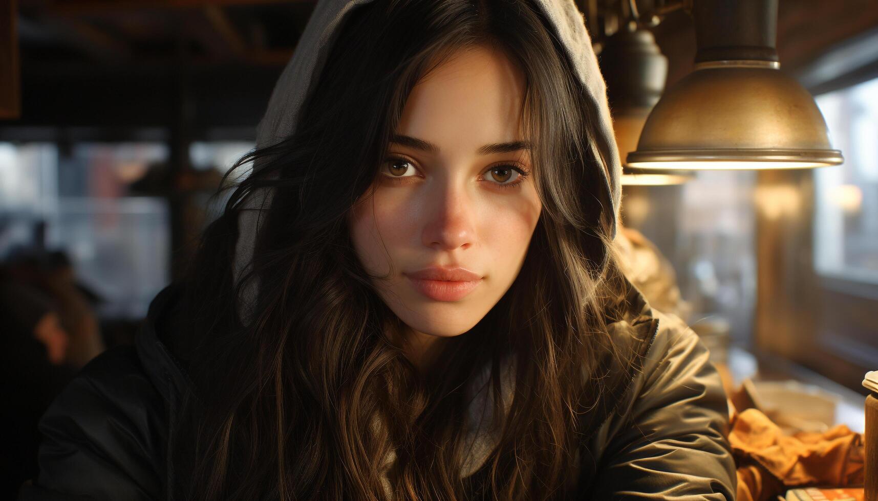 AI generated A beautiful young woman, smiling, looking at camera with confidence generated by AI photo