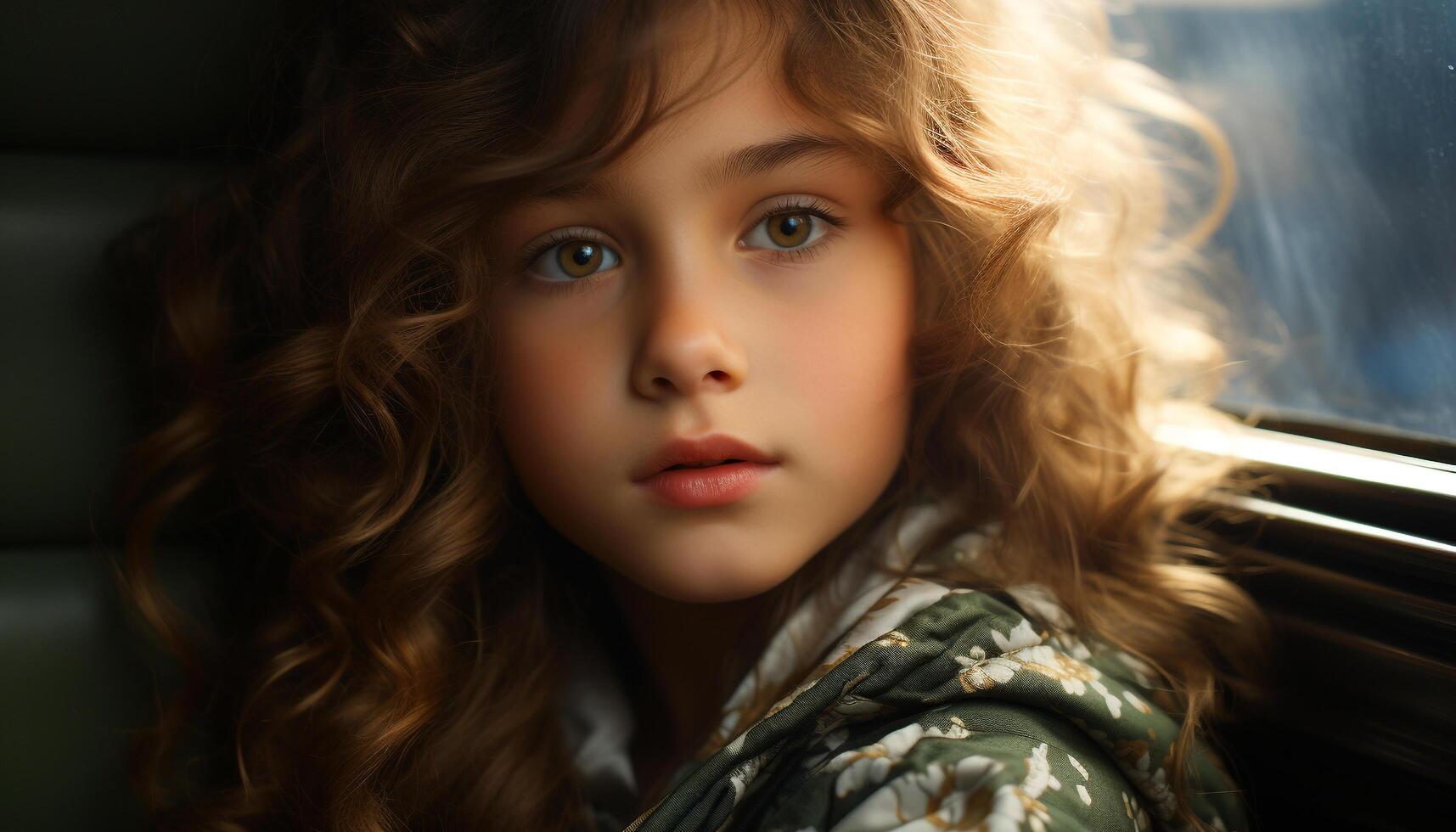 AI generated Cute girl with curly hair smiling, looking at camera outdoors generated by AI photo