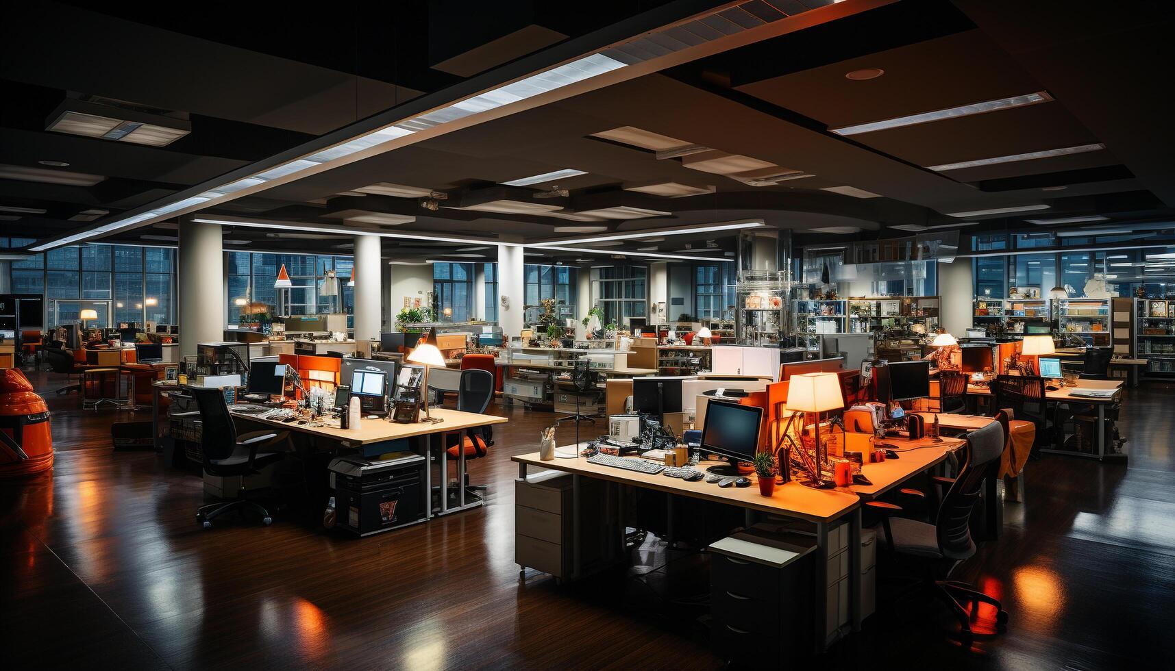 AI generated Modern office with bright lighting, computer on wooden desk generated by AI photo