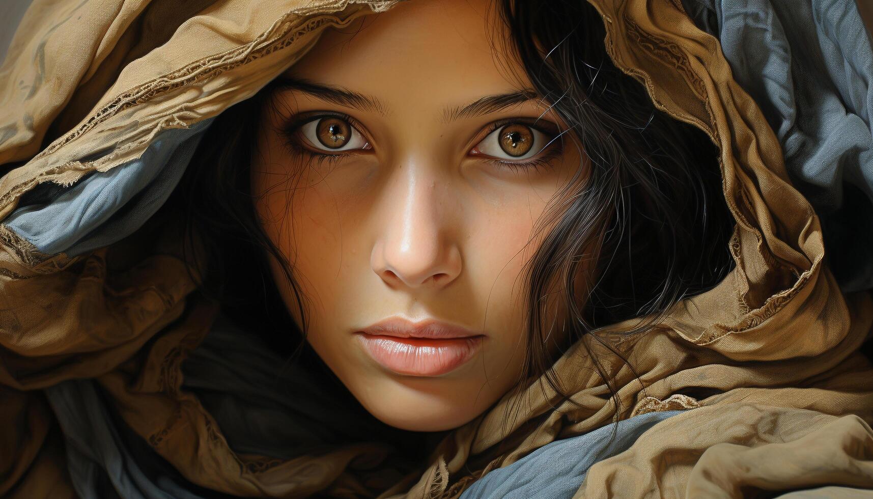 AI generated Beautiful woman with brown hair looking at camera with confidence generated by AI photo