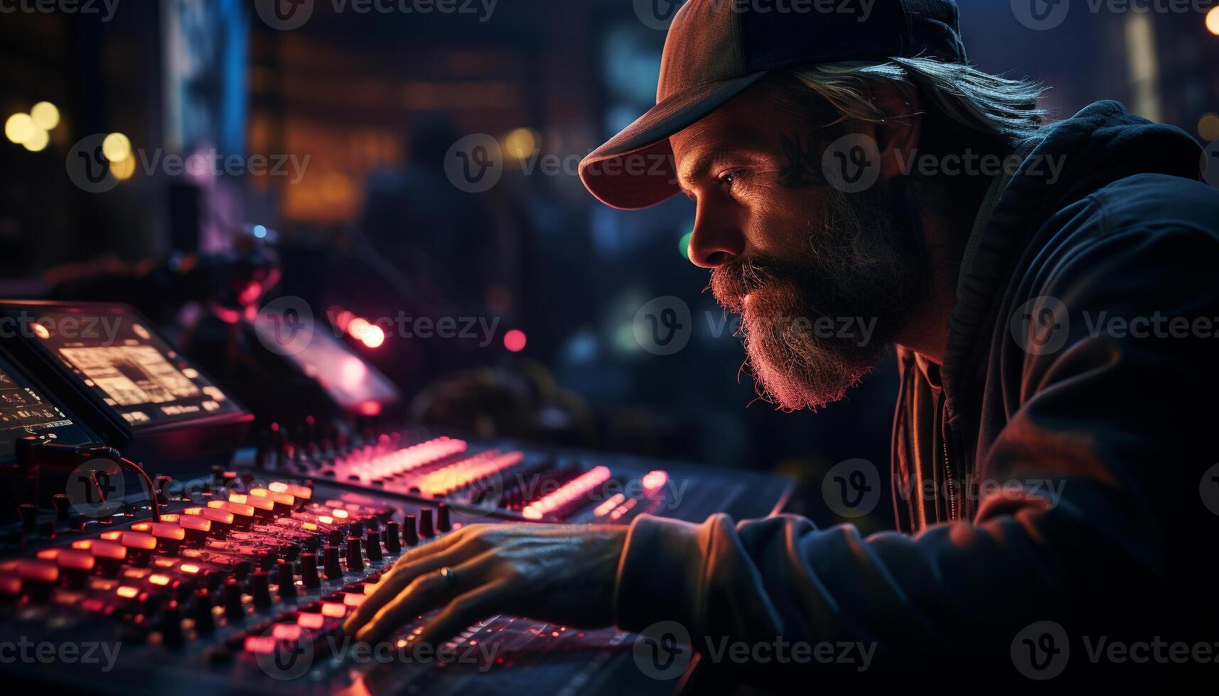 AI generated One man, a musician, working in a nightclub, mixing music generated by AI photo