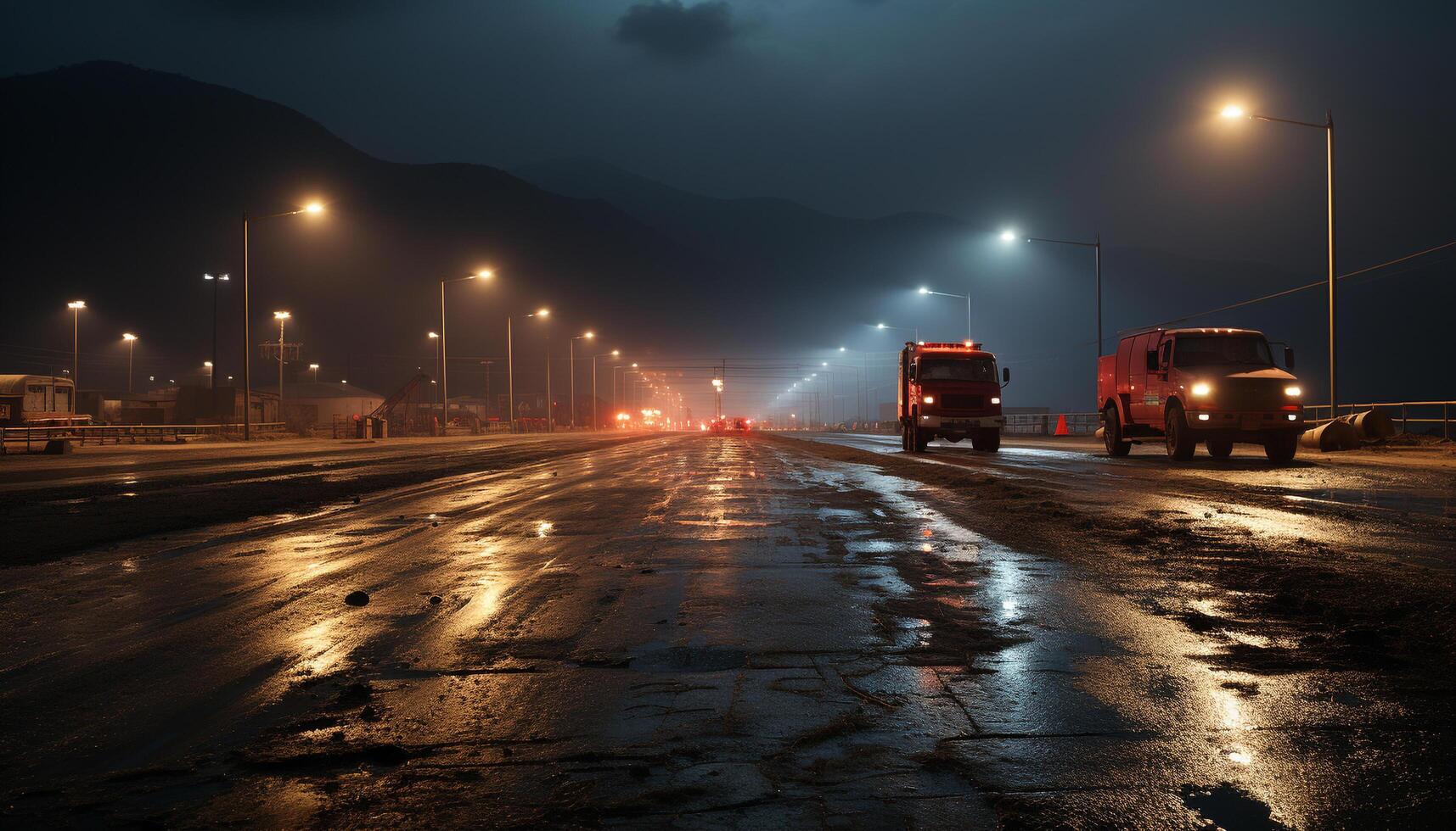 ai generado brillante faros iluminar el oscuro Nevado noche en el autopista generado por ai foto