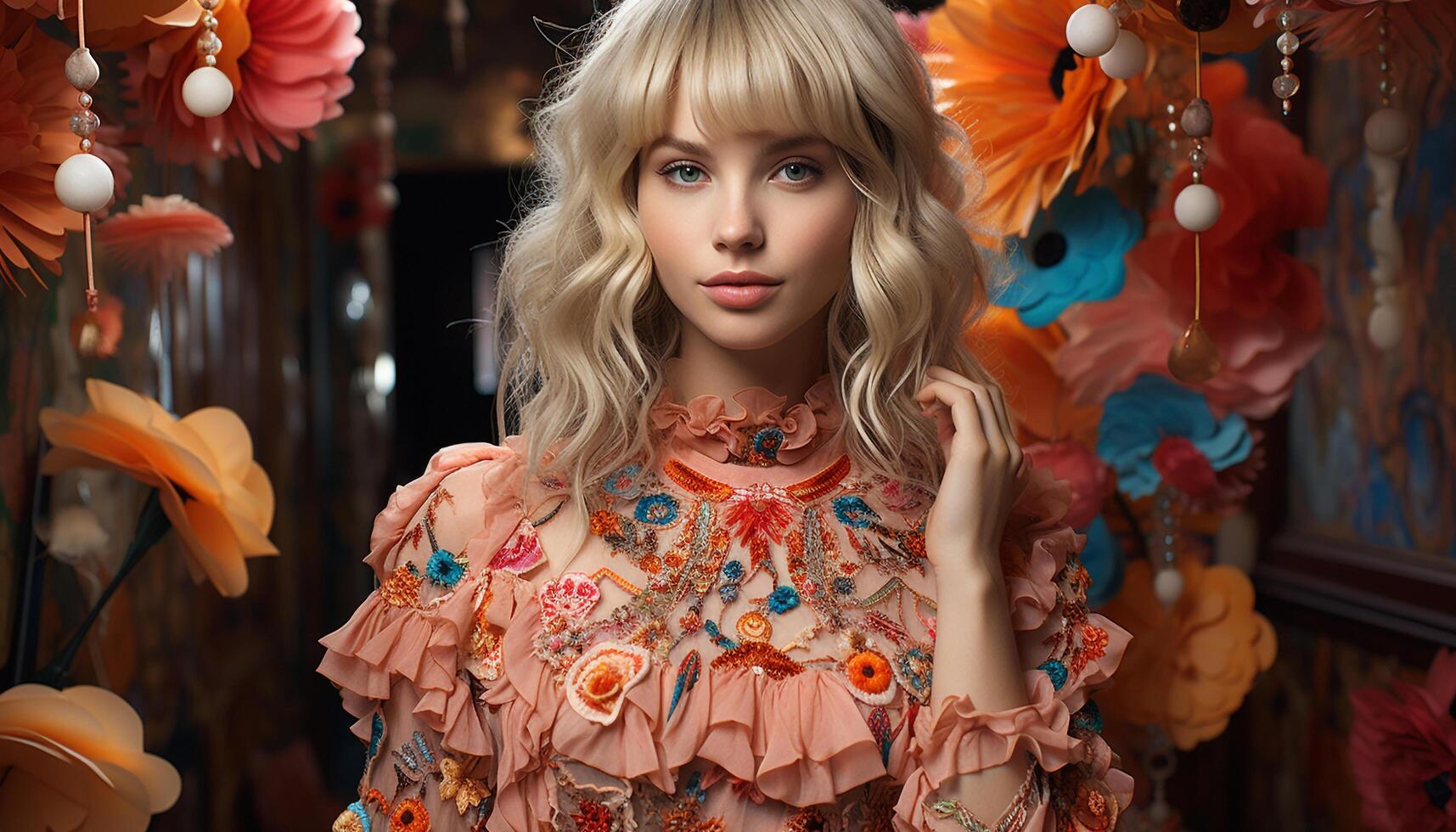 AI generated A beautiful young woman in a stylish dress smiles at camera generated by AI photo