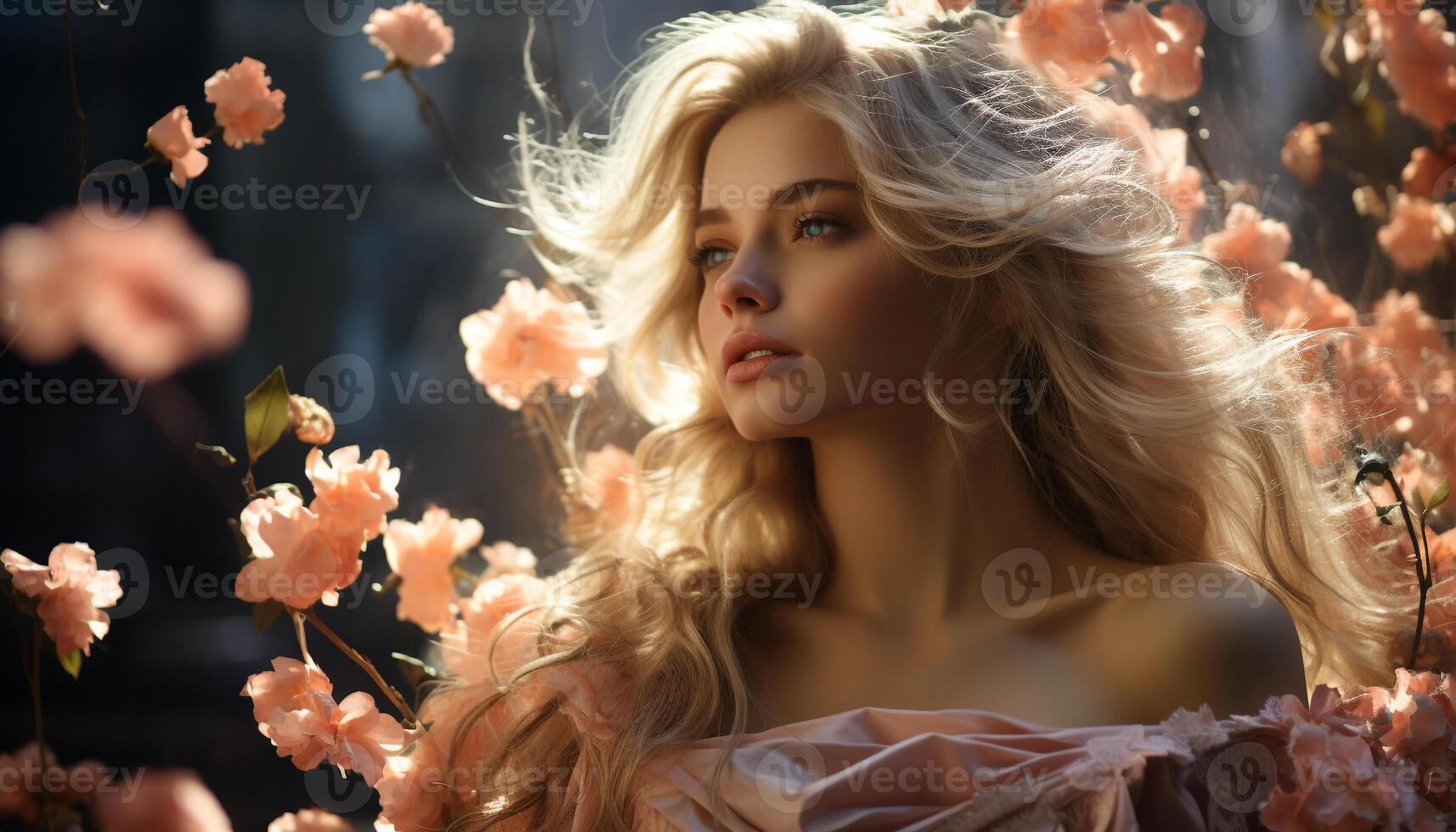 AI generated One beautiful woman, outdoors, smiling, surrounded by nature beauty generated by AI photo