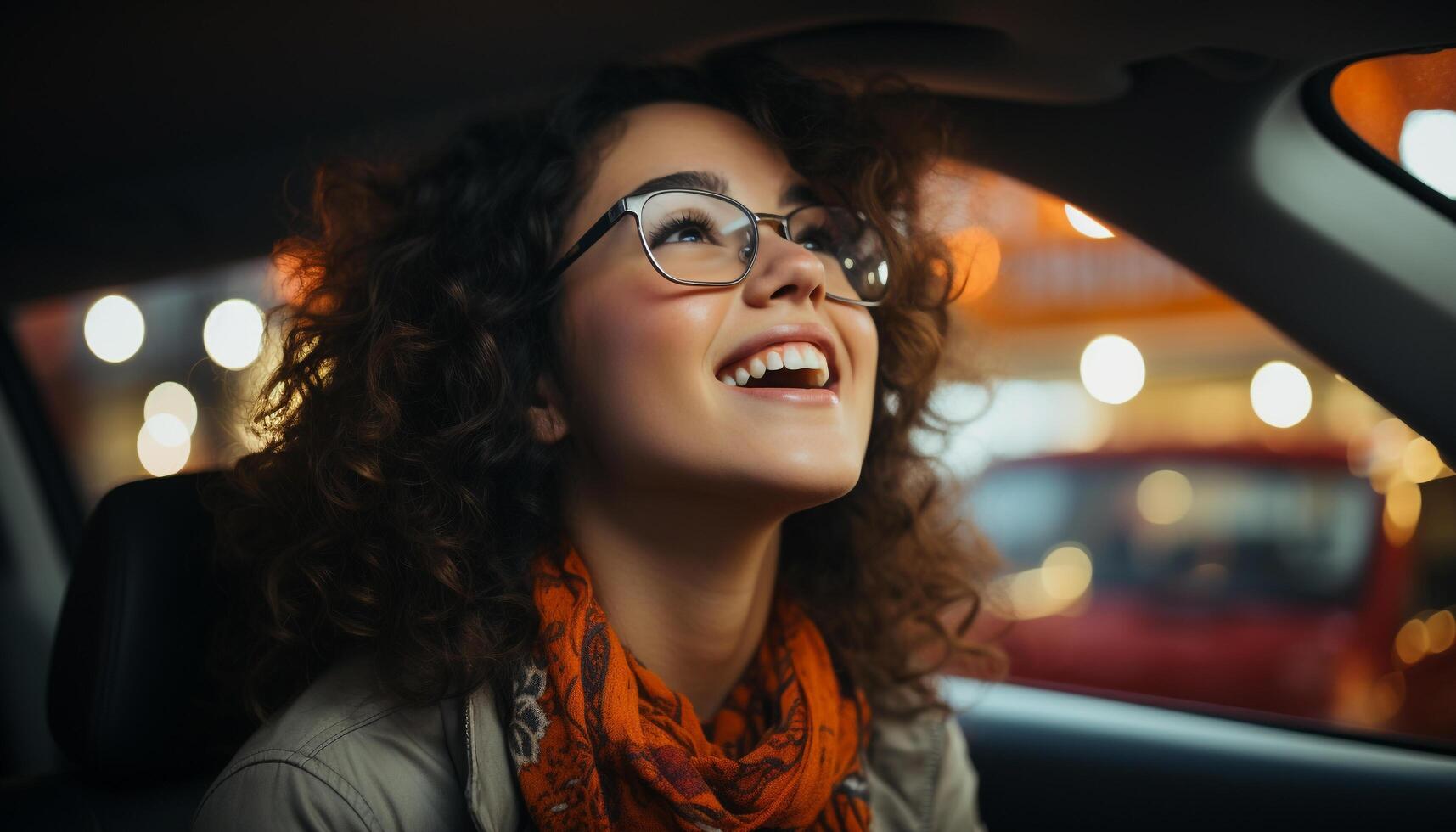 AI generated Young woman driving car, smiling, enjoying road trip with happiness generated by AI photo