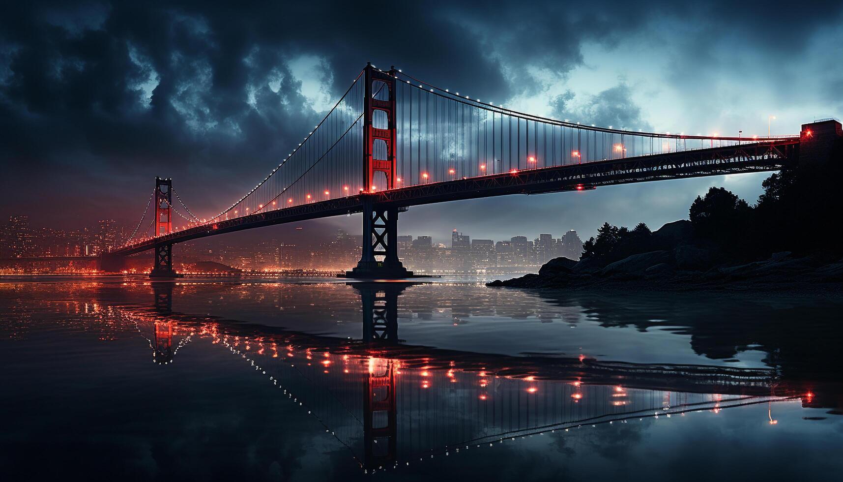 ai generado famoso puente refleja ciudad horizonte en tranquilo azul crepúsculo generado por ai foto