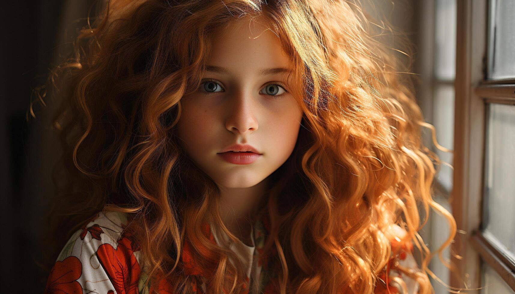AI generated One beautiful woman with long curly hair looking at camera generated by AI photo