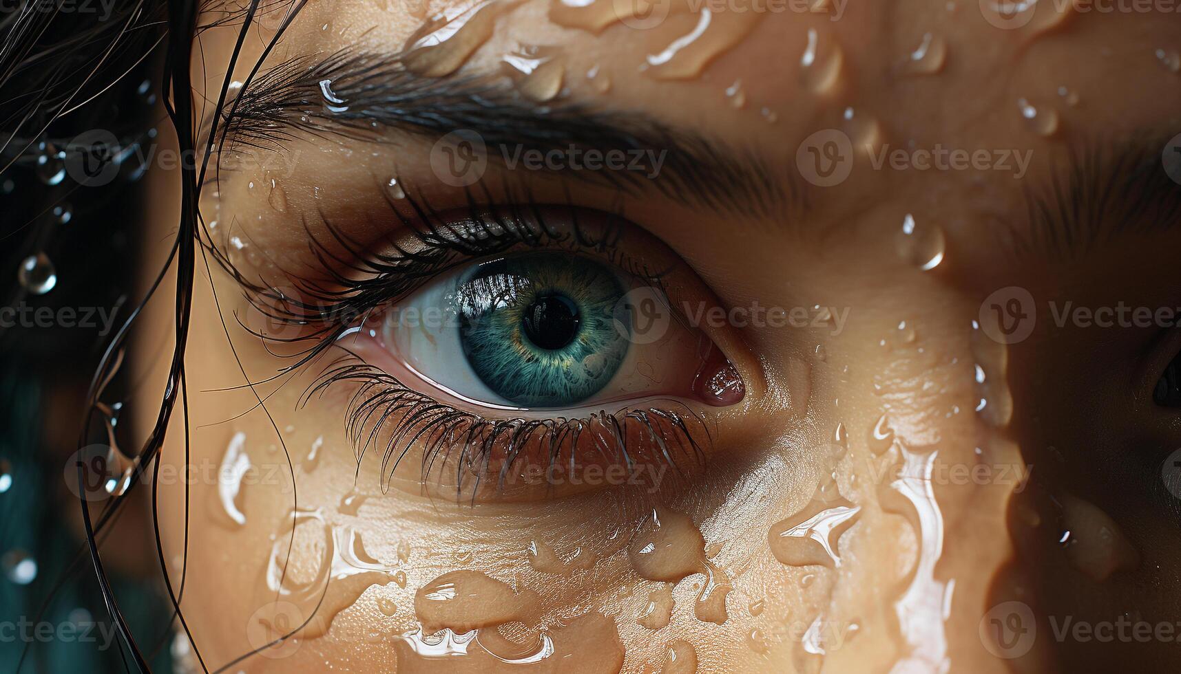 AI generated Young woman with wet hair looking at camera, beautiful blue eyes generated by AI photo