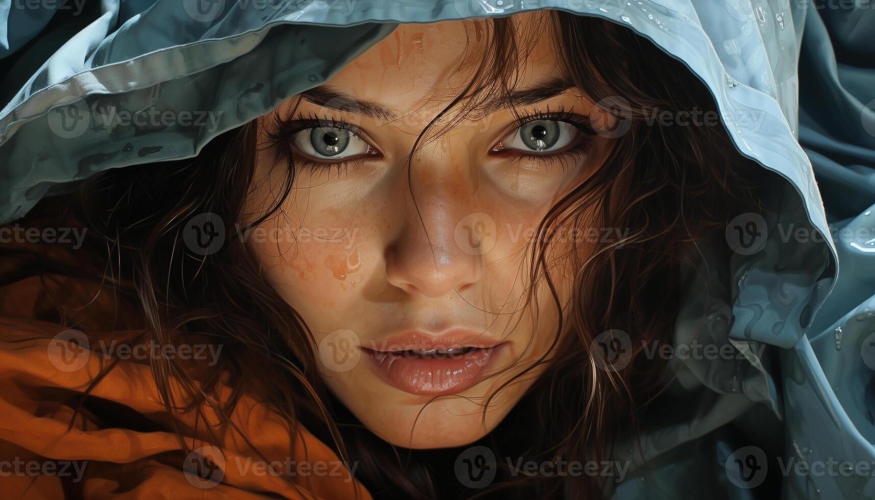 AI generated One woman, wet from rain, smiling in nature beauty generated by AI photo