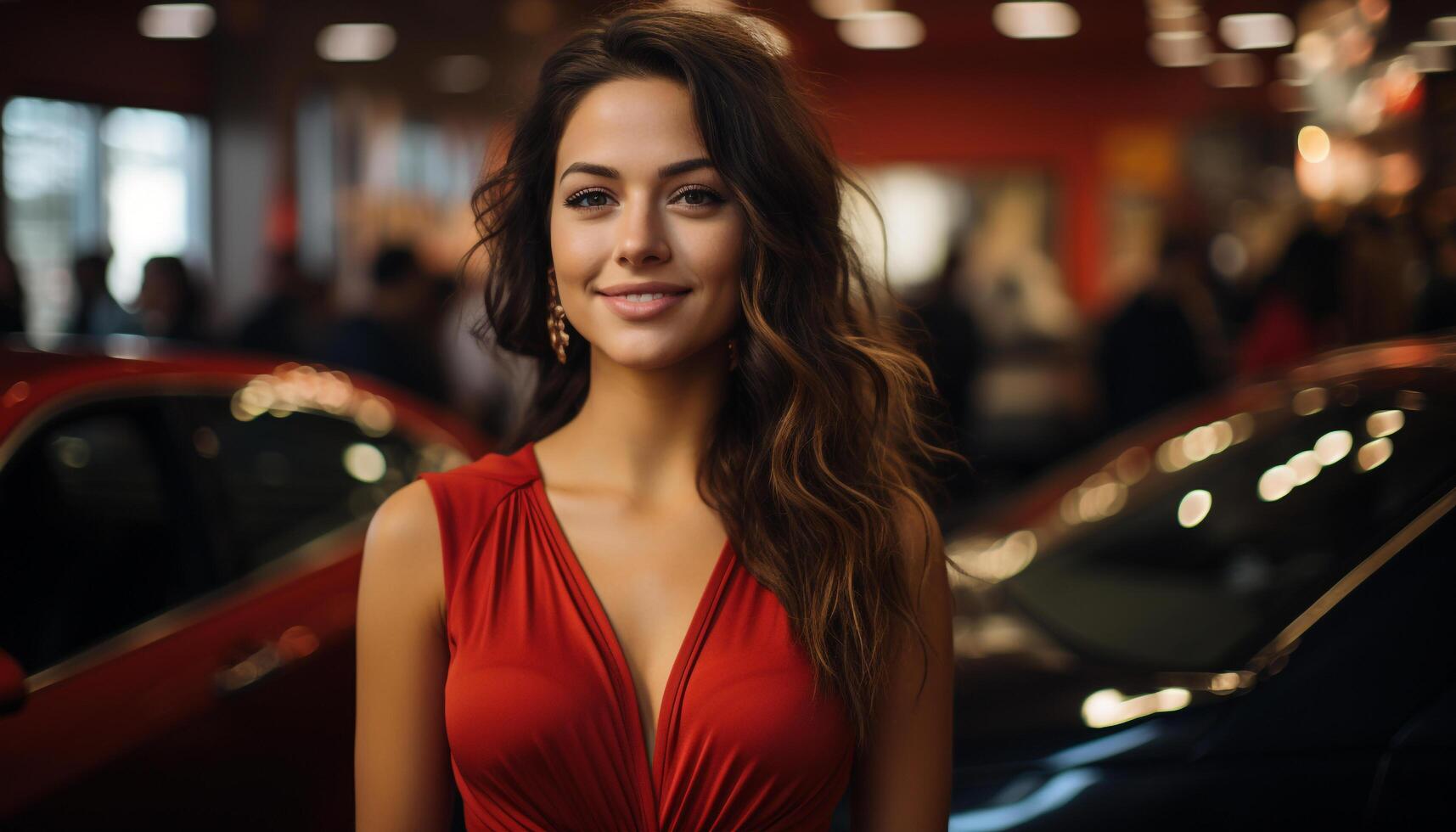 AI generated One young woman, smiling, looking at camera, standing near car generated by AI photo