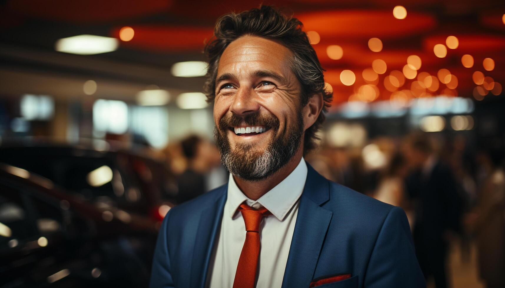 AI generated A confident businessman, smiling, looking at camera, exuding success generated by AI photo