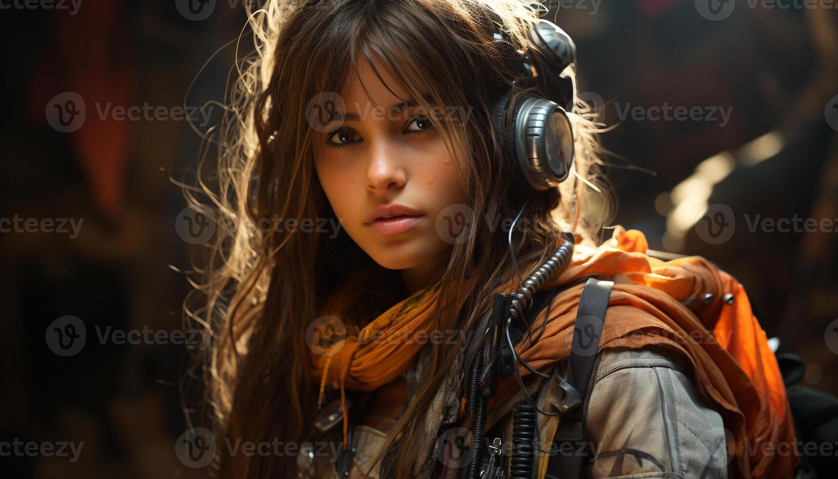 AI generated Young woman in nature, smiling, wearing headphones, enjoying leisure activity generated by AI photo