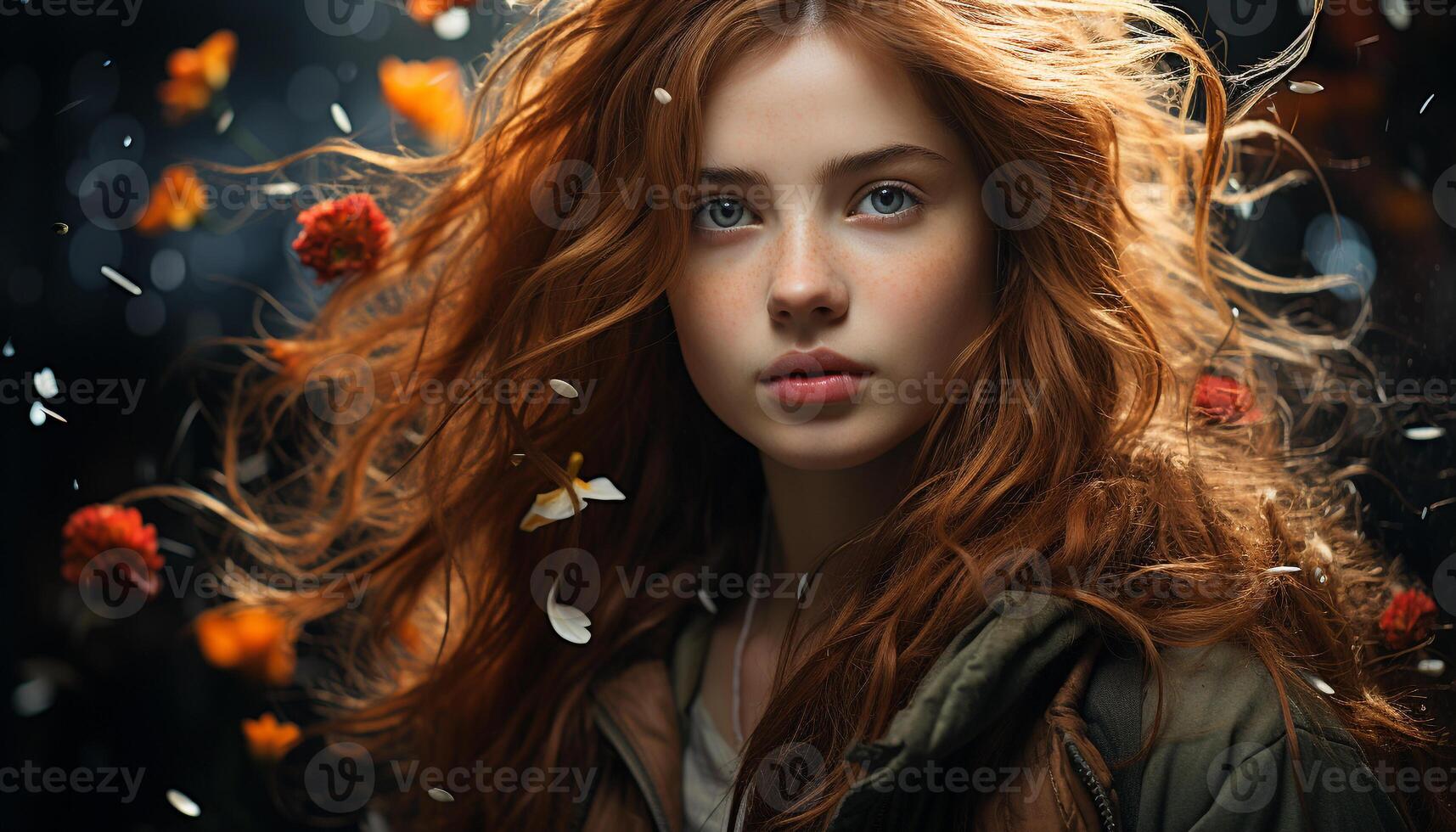 AI generated Young woman with long brown hair, smiling, looking at camera generated by AI photo