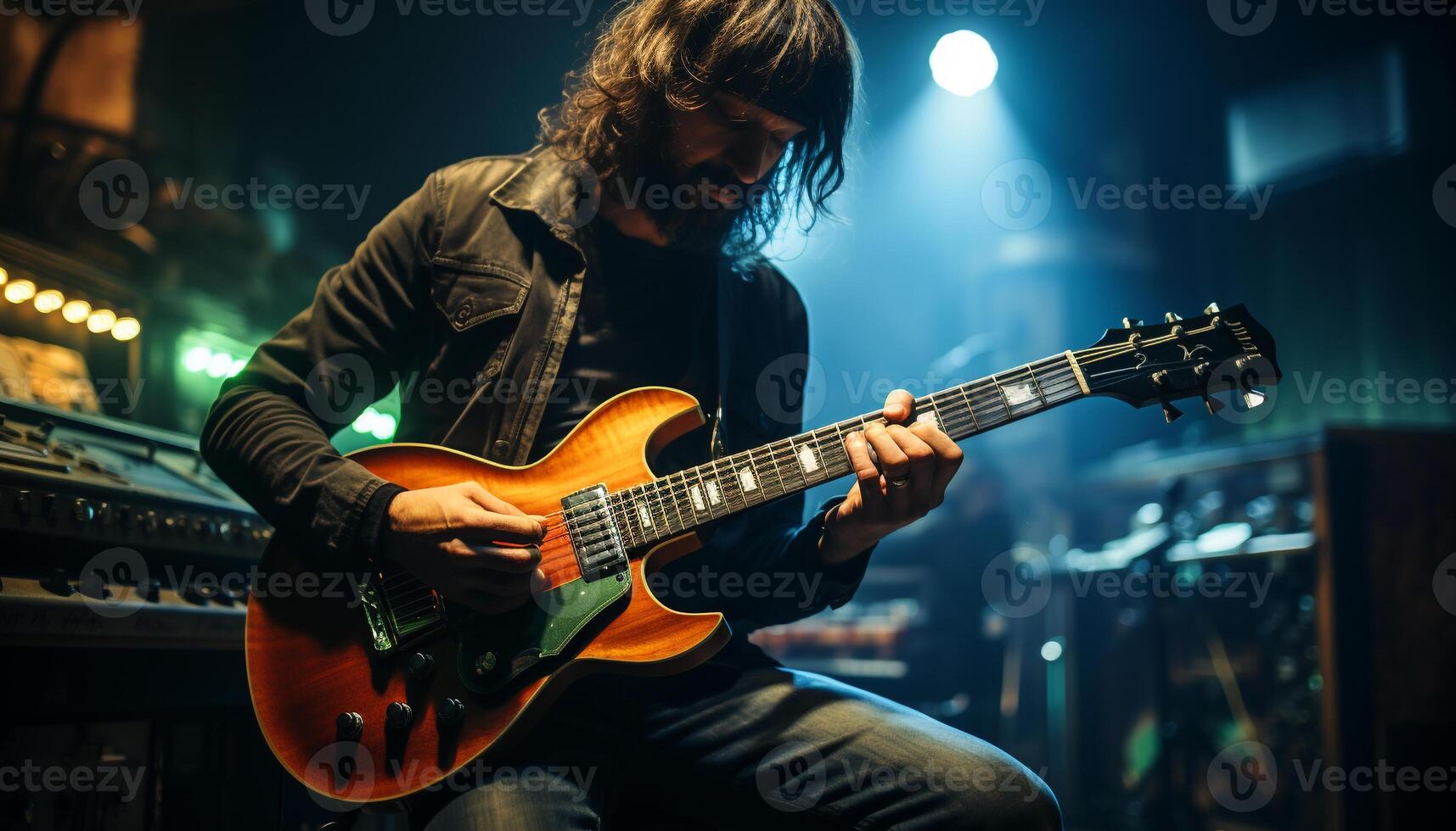 ai generado joven adulto guitarrista ejecutando en etapa con eléctrico guitarra y micrófono generado por ai foto