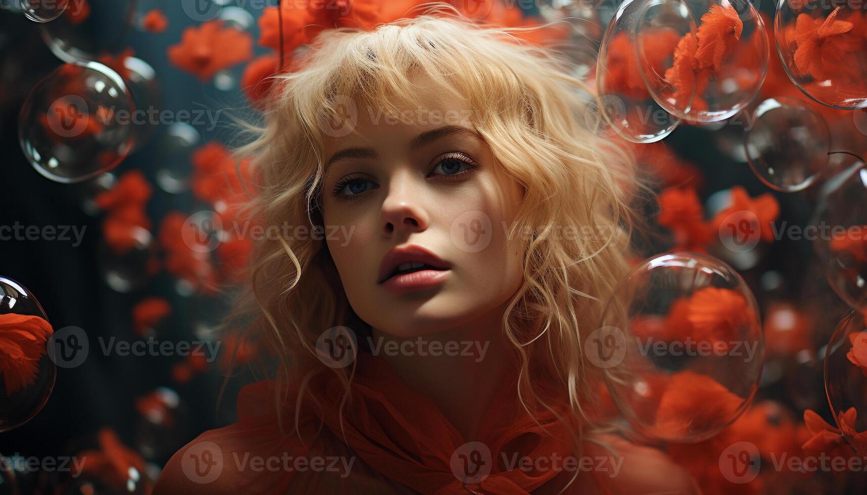 AI generated Young woman, blond hair, smiling, looking at camera, celebrating joyfully generated by AI photo
