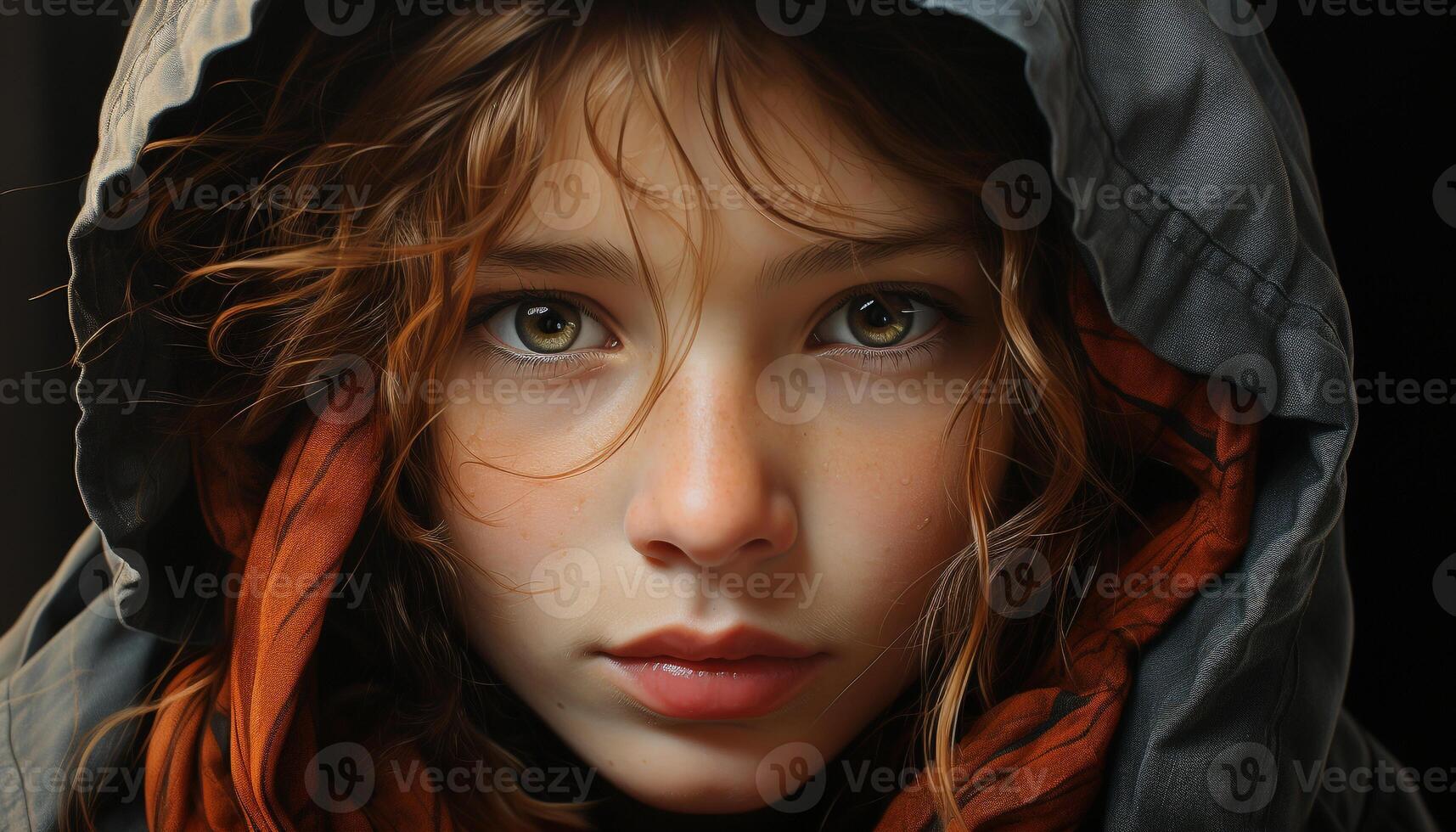 AI generated Young girl in raincoat smiling, wet hair, looking at camera generated by AI photo
