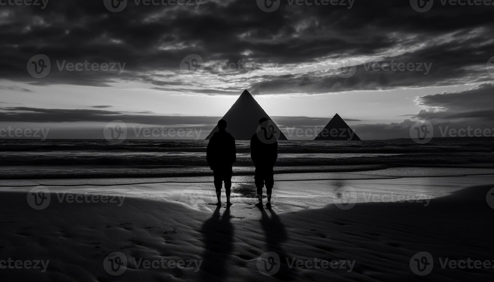 AI generated Two people walking on the sand, enjoying a romantic sunset generated by AI photo
