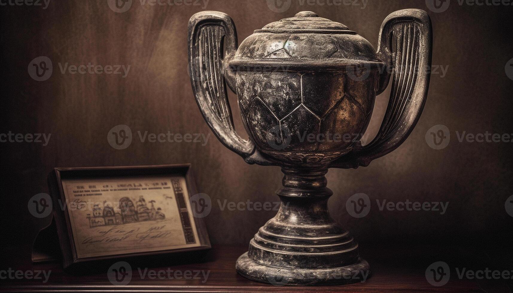 AI generated Old fashioned wooden table with antique trophy, a single object of success generated by AI photo