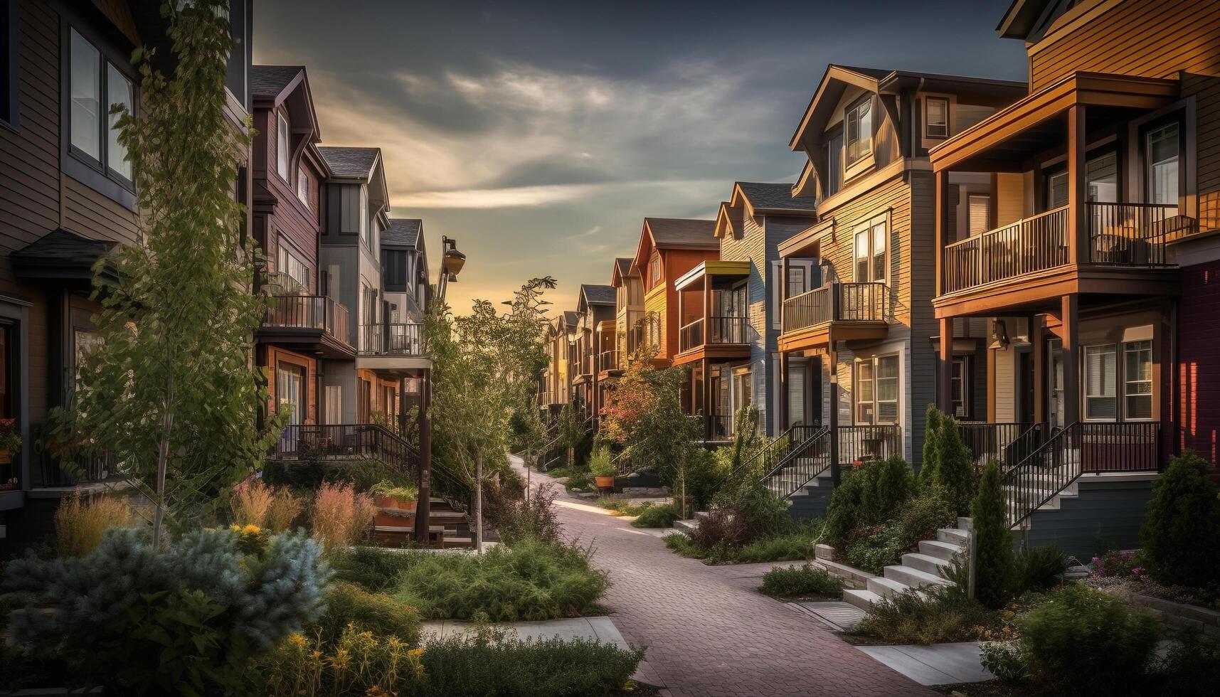 AI generated Modern residential building in suburban landscape, illuminated at dusk generated by AI photo