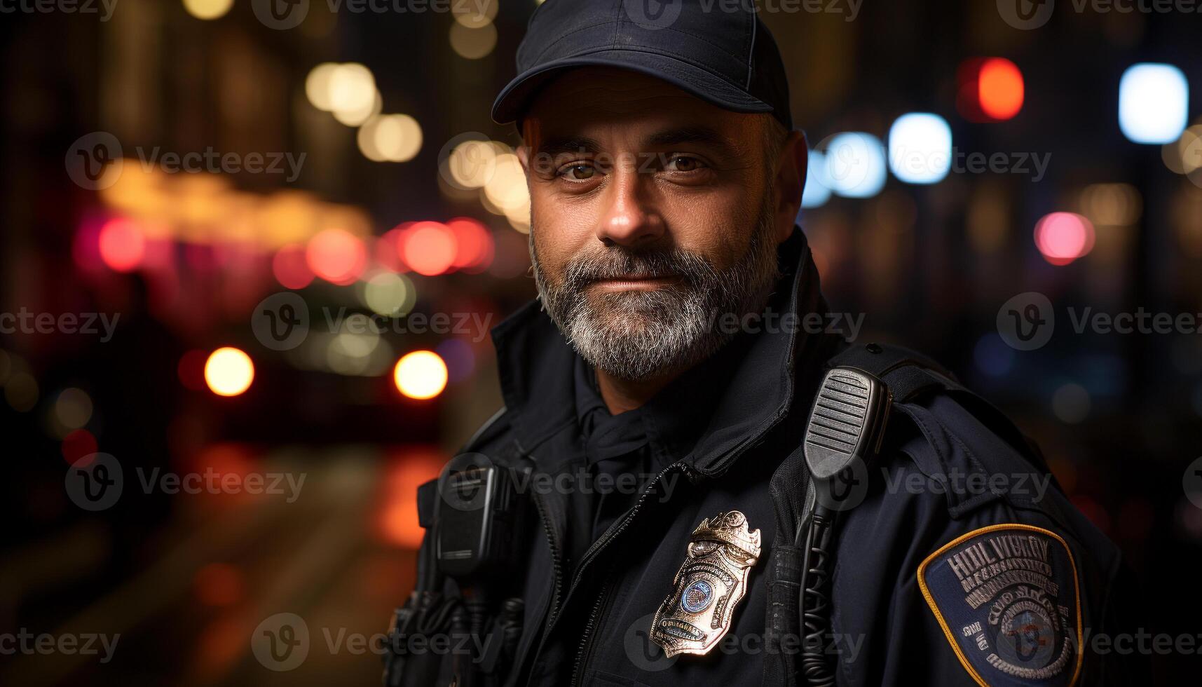 AI generated Confident security guard standing outdoors, looking at camera at night generated by AI photo