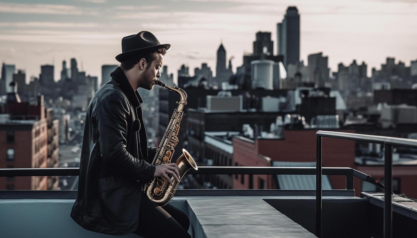 AI generated Young adult musician playing saxophone outdoors in the city generated by AI photo