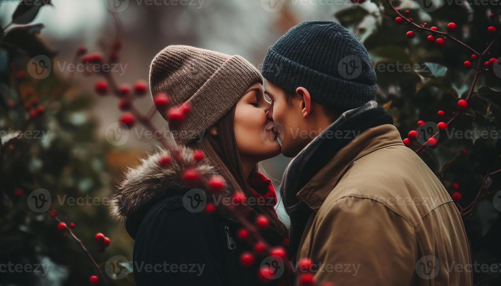 ai generado joven Pareja en amar, abrazando al aire libre, sonriente en invierno generado por ai foto