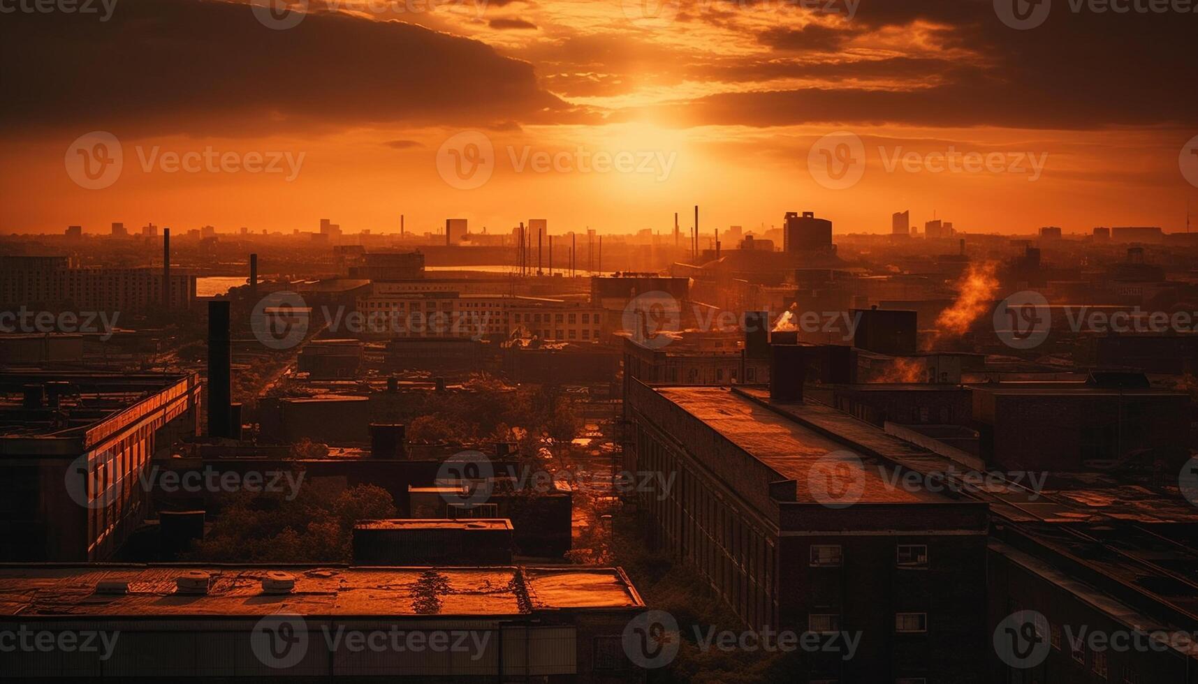 AI generated Urban skyline at dusk, city life thrives amidst pollution generated by AI photo