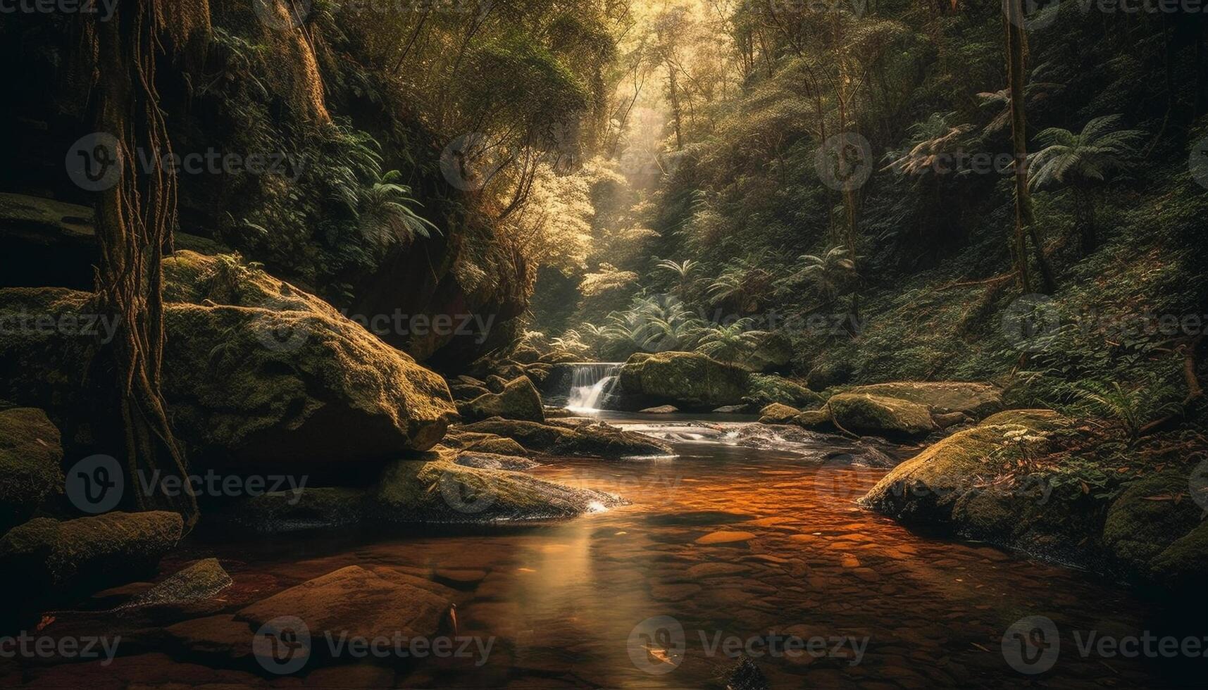 AI generated Tranquil scene flowing water, green trees, and rocky cliffs generated by AI photo