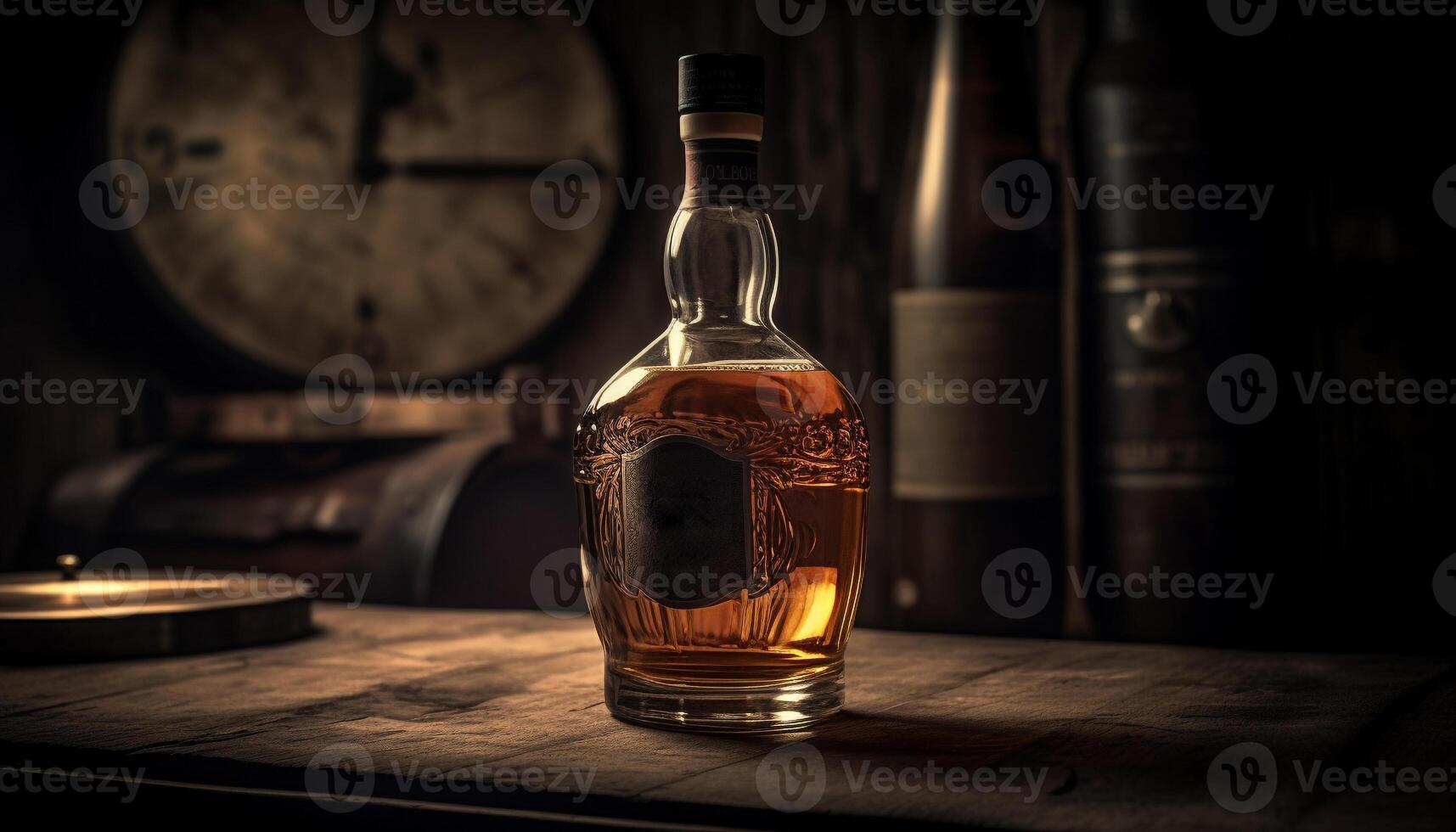 AI generated Luxury whiskey bar, dark cellar, old fashioned elegance, rustic wood table generated by AI photo