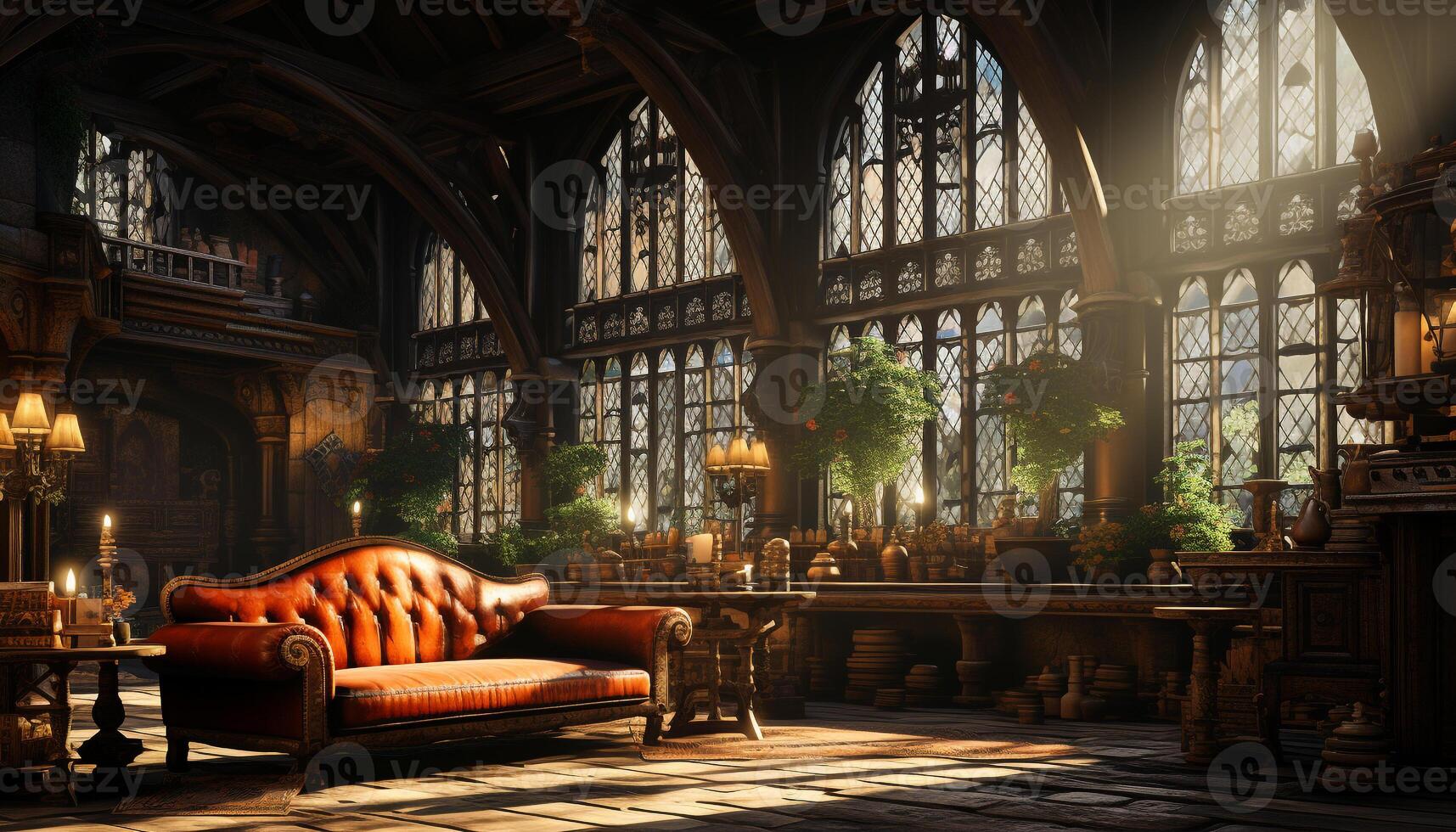 AI generated Ancient Gothic elegance illuminates modern living room with historic decor generated by AI photo