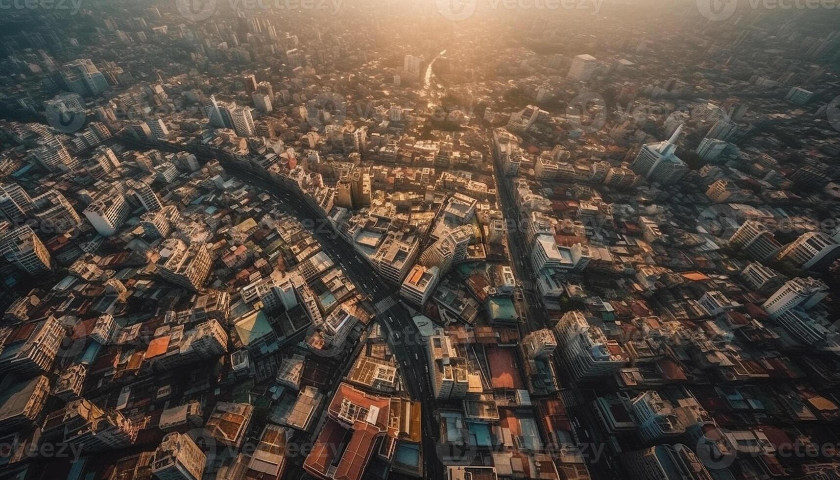 ai generado alto ángulo ver de ciudad horizonte a oscuridad, iluminado y concurrido generado por ai foto