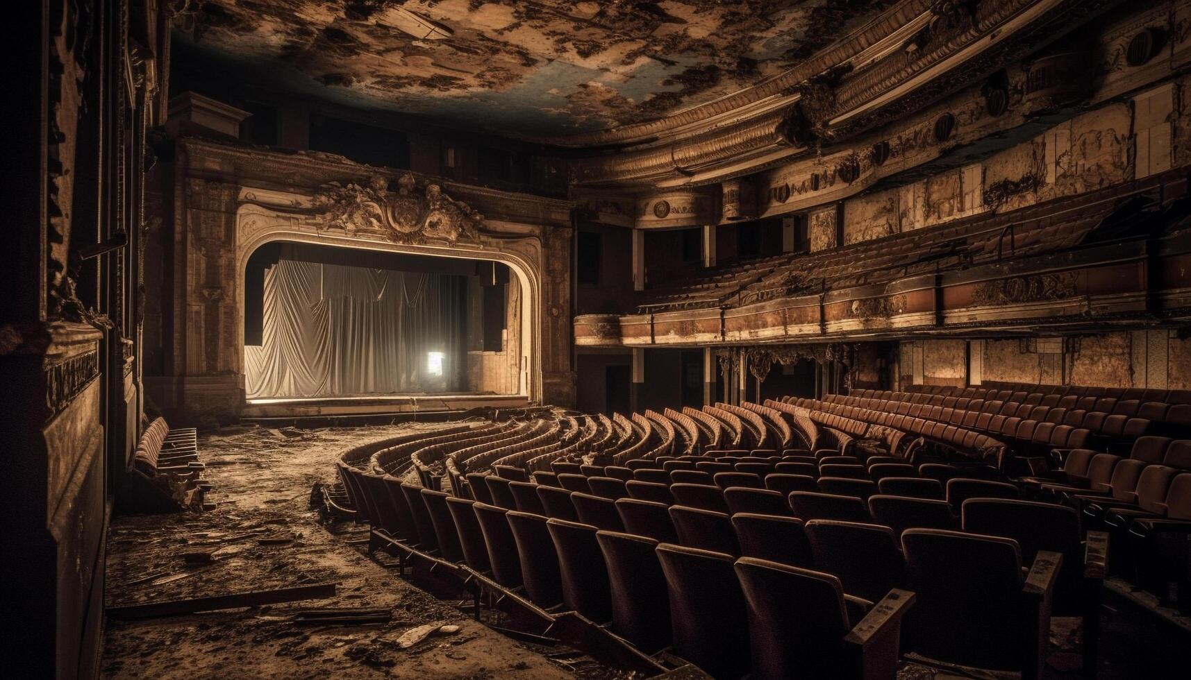 AI generated Empty auditorium, old stage, spooky, illuminated by ancient movie theater generated by AI photo