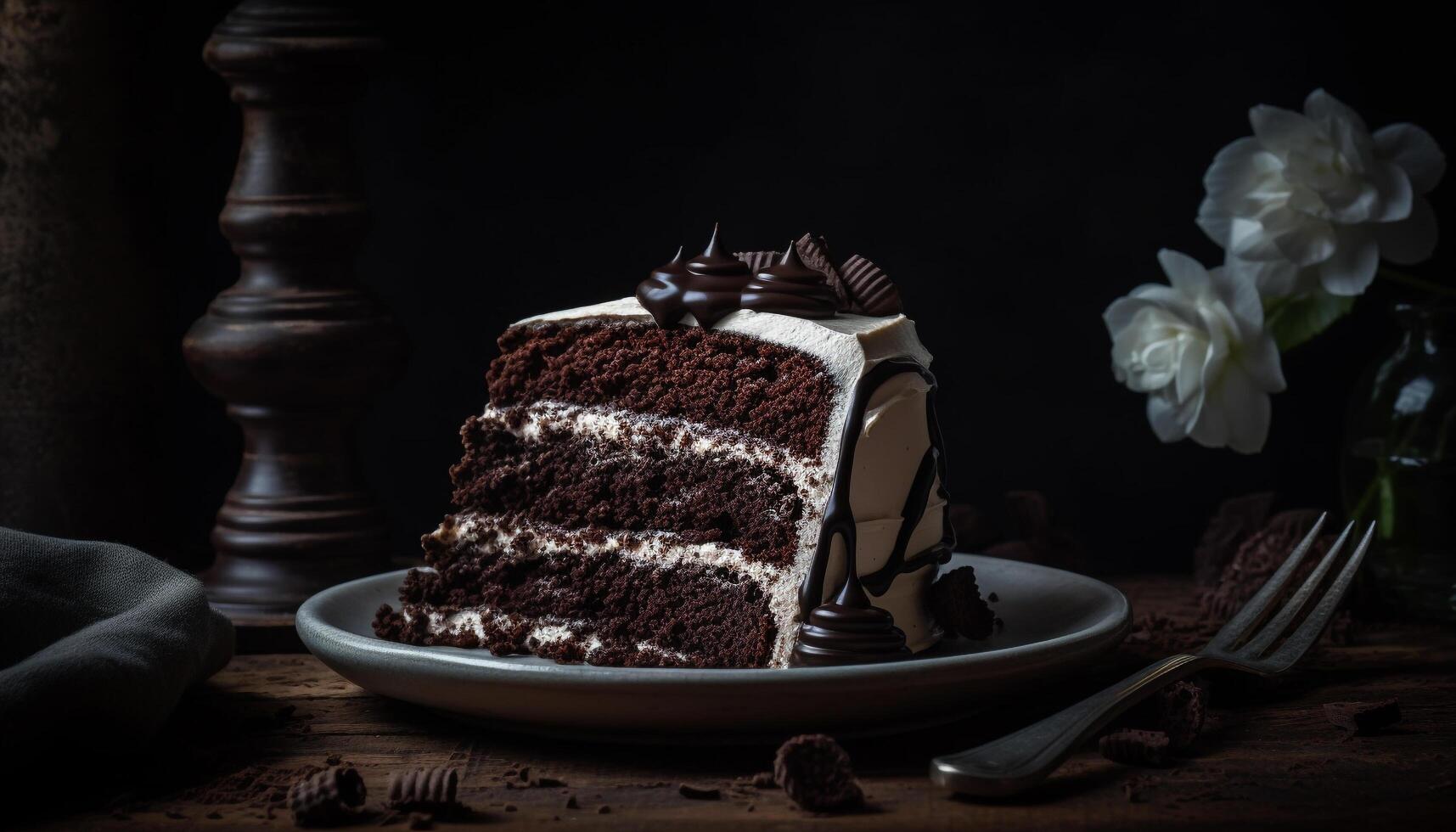 AI generated Homemade chocolate cake on rustic wood table, ready to eat indulgence generated by AI photo