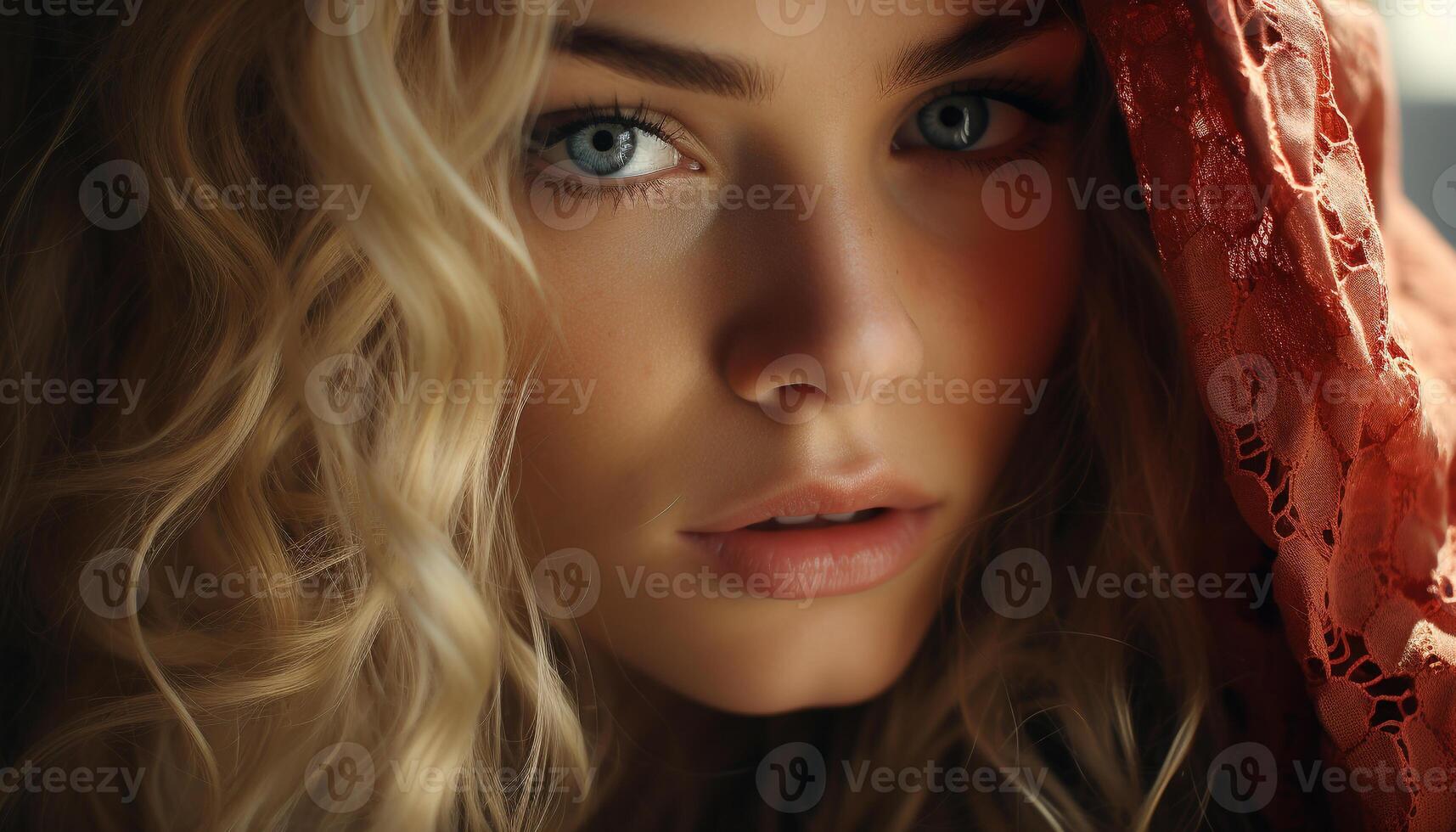 AI generated Beautiful woman with long blond hair looking at camera, smiling generated by AI photo