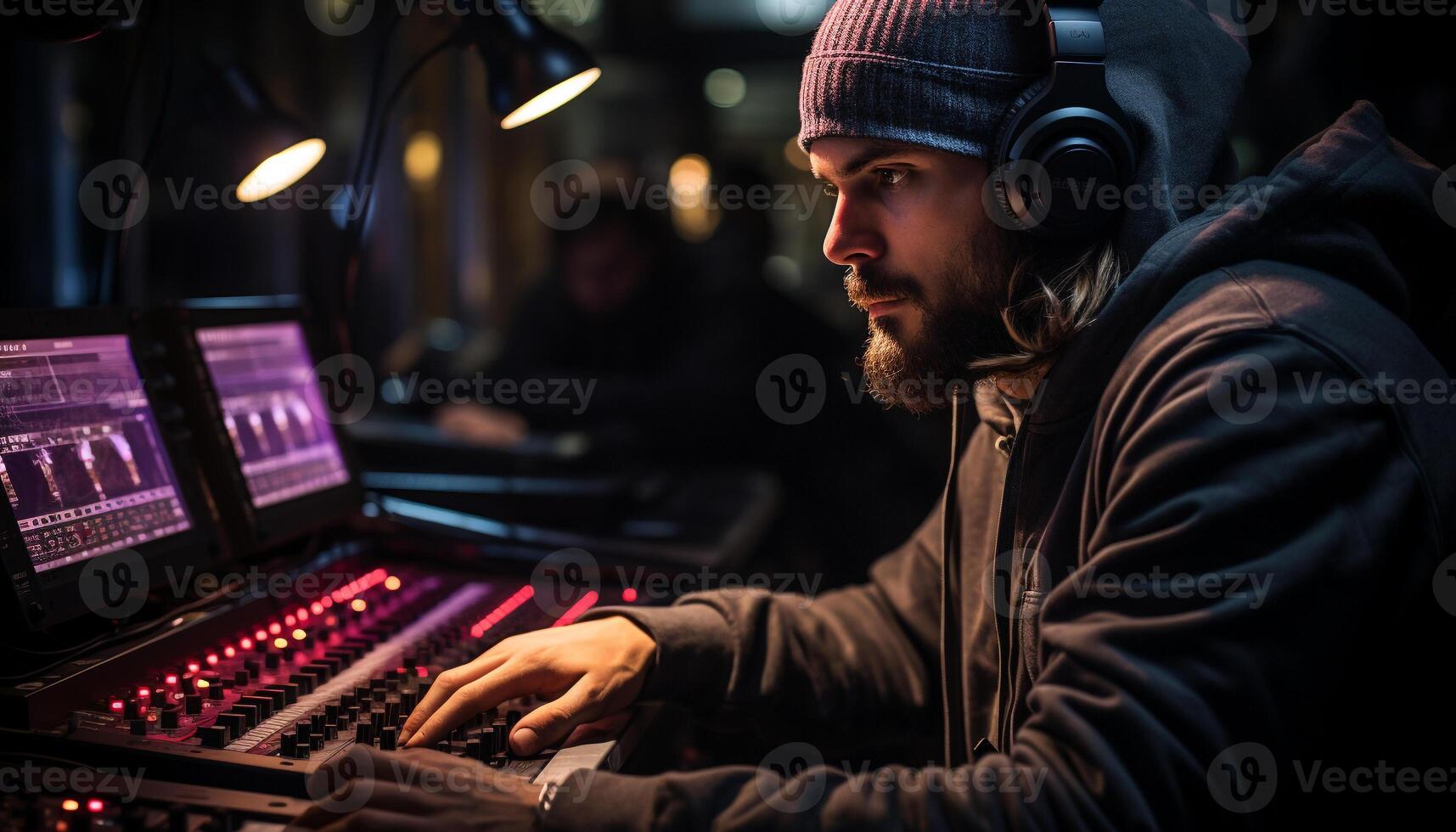 AI generated One man playing music, headphones on, enjoying the nightlife generated by AI photo