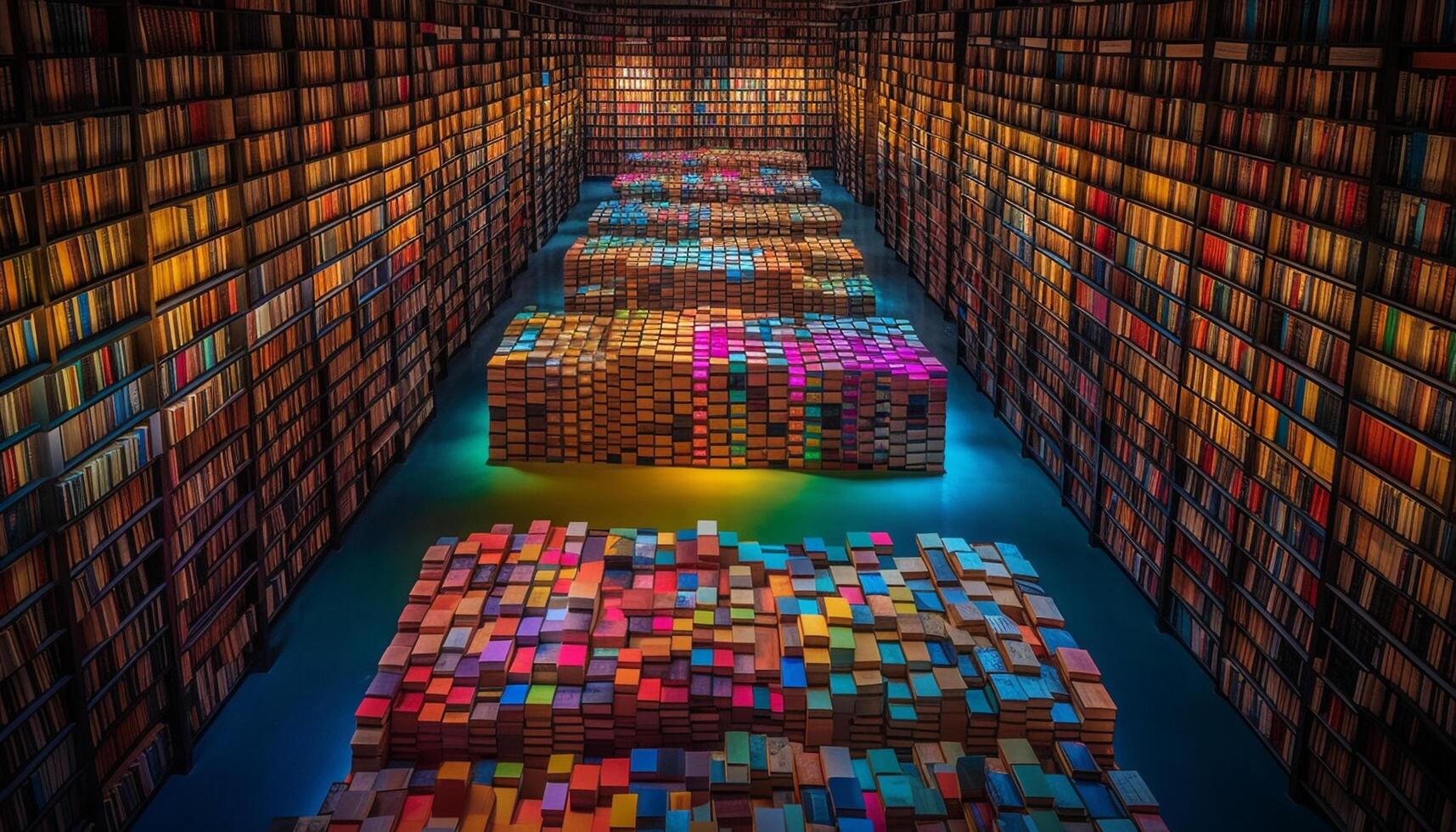 AI generated Futuristic container illuminates dark warehouse with vibrant geometric shapes generated by AI photo