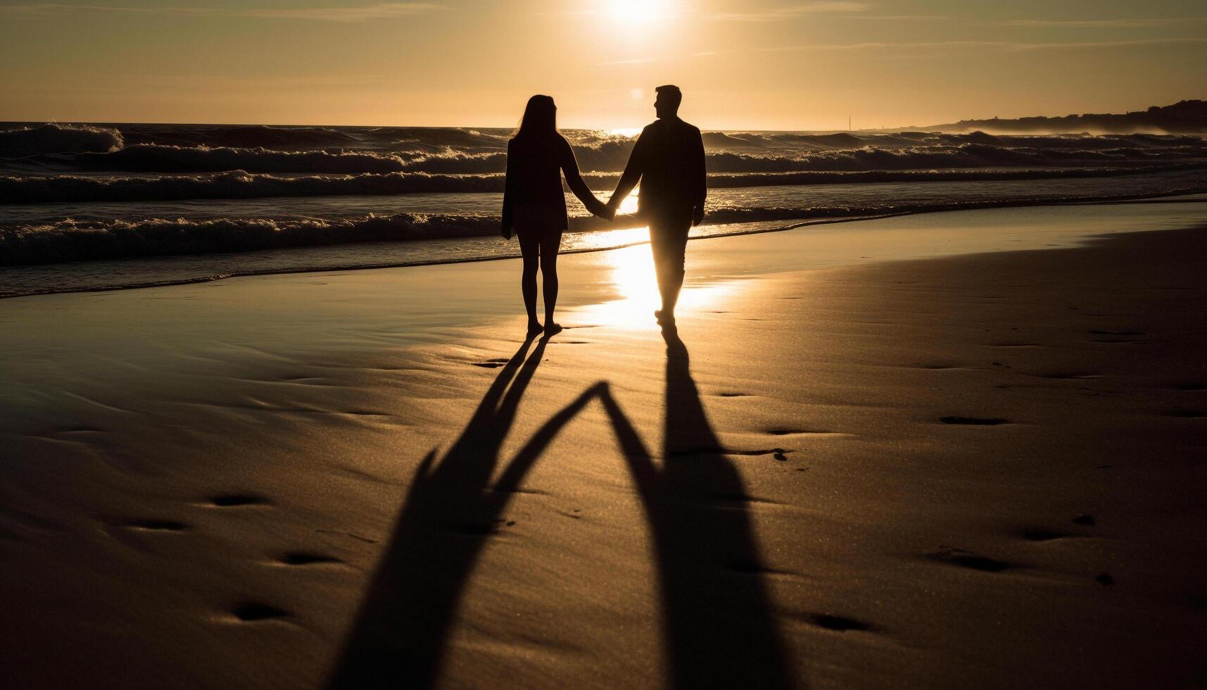 AI generated A married couple walking on the beach, embracing at sunset generated by AI photo