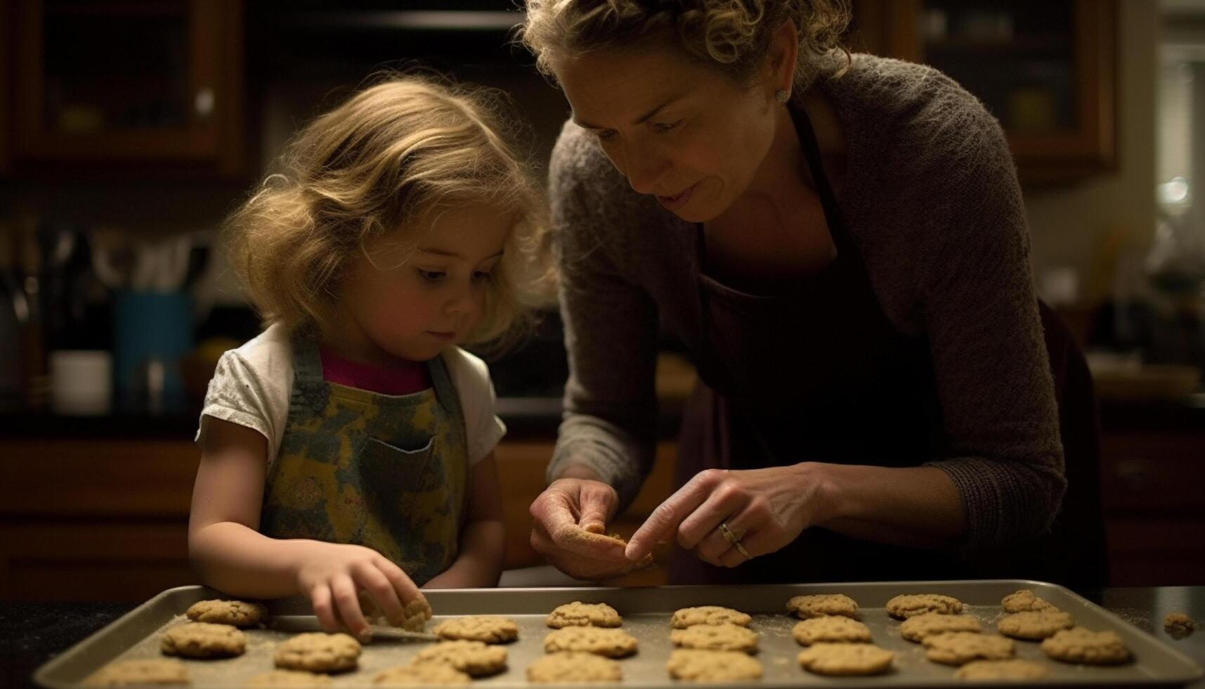 ai generado madre y hija horneando hecho en casa galletas, unión en el cocina generado por ai foto