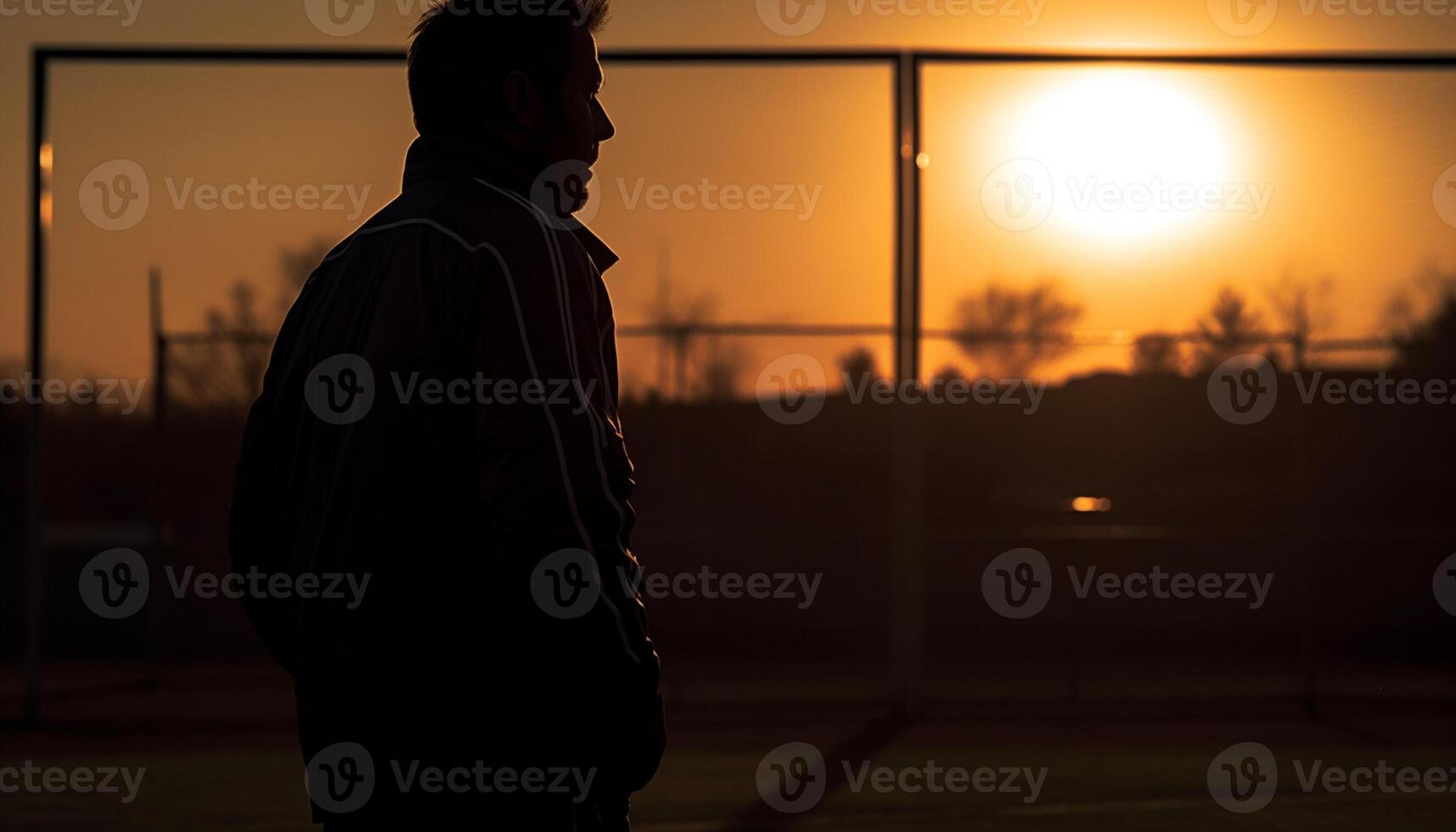 AI generated One man standing, looking at sunset, city skyscrapers silhouette generated by AI photo