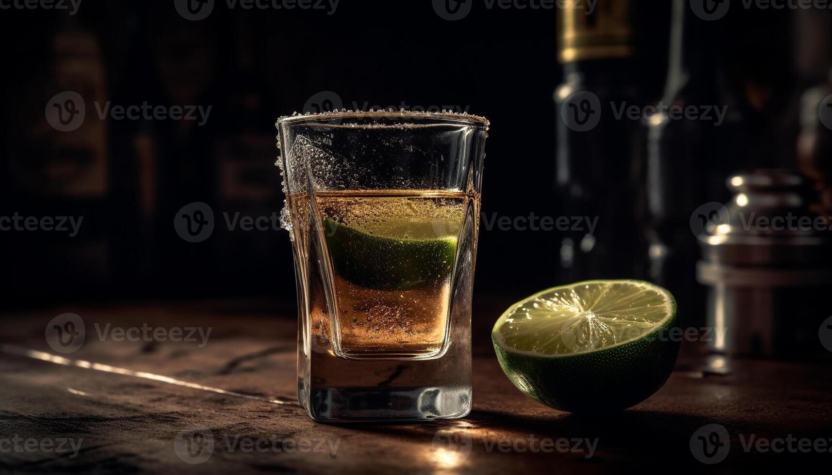 AI generated Fresh whiskey cocktail on wooden table with lime slice generated by AI photo